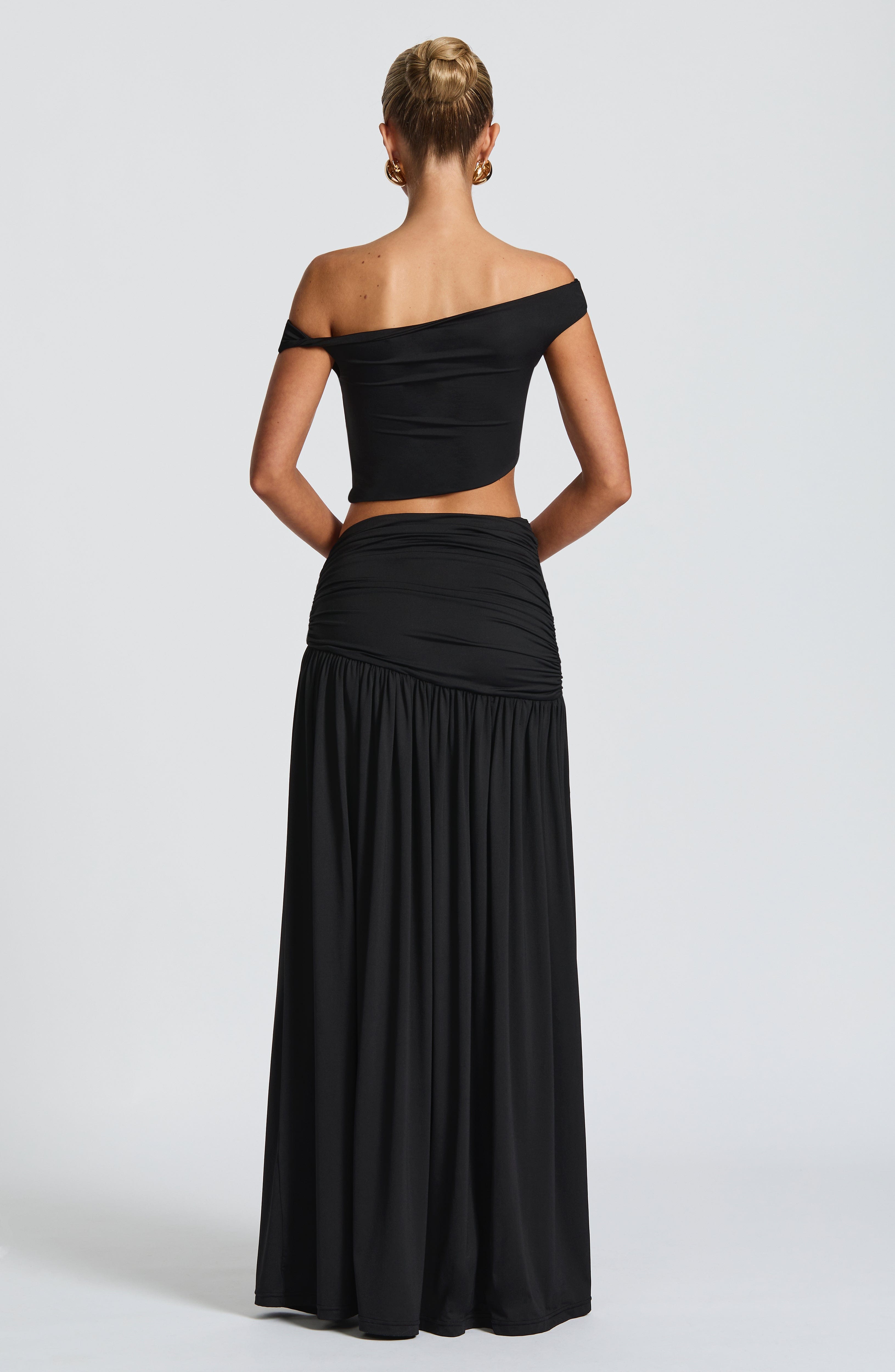 Black Eva Crop Top - Asymmetric Bardot Neckline & Twist Detail