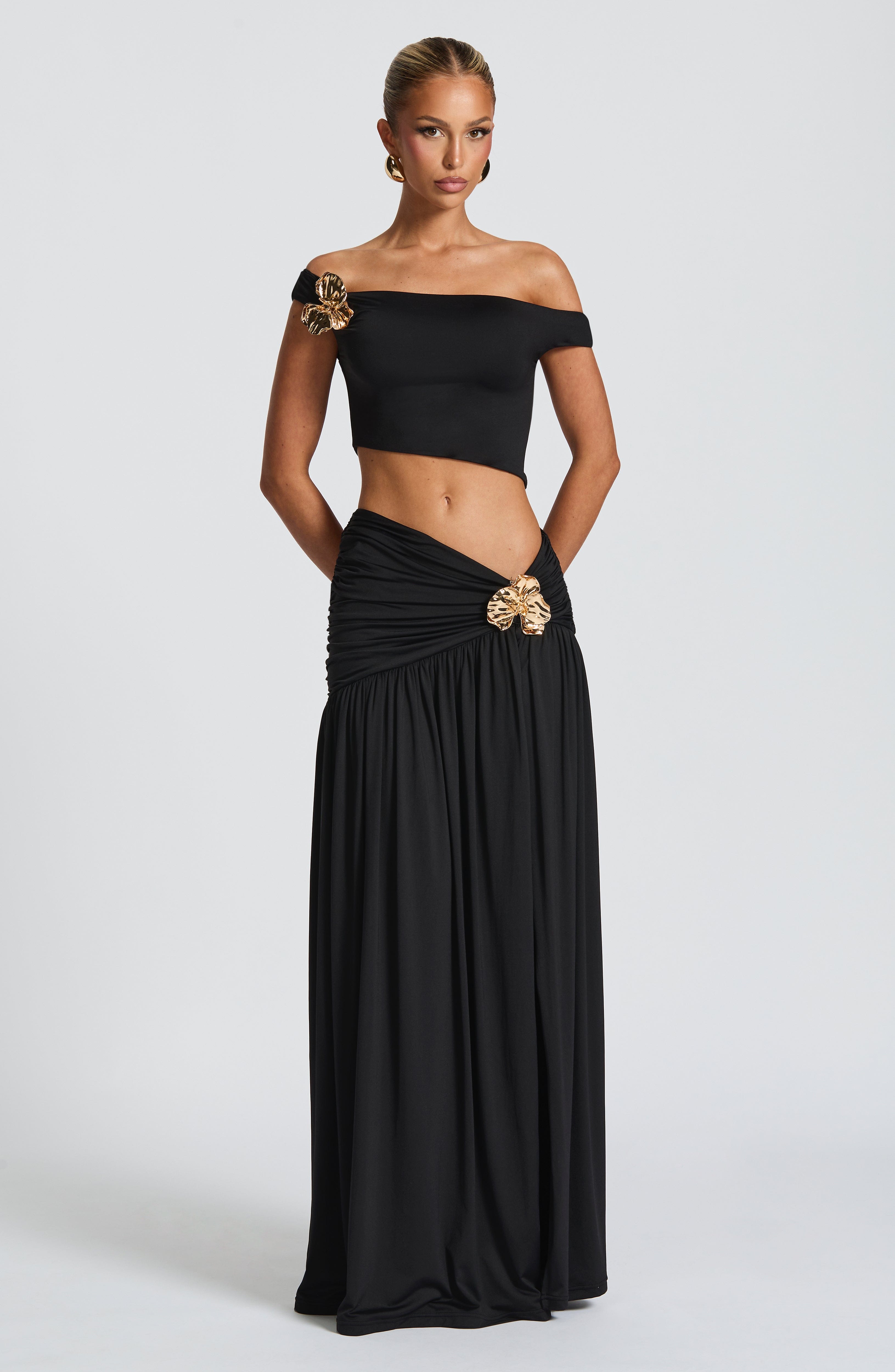 Black Eva Crop Top - Asymmetric Bardot Neckline & Twist Detail