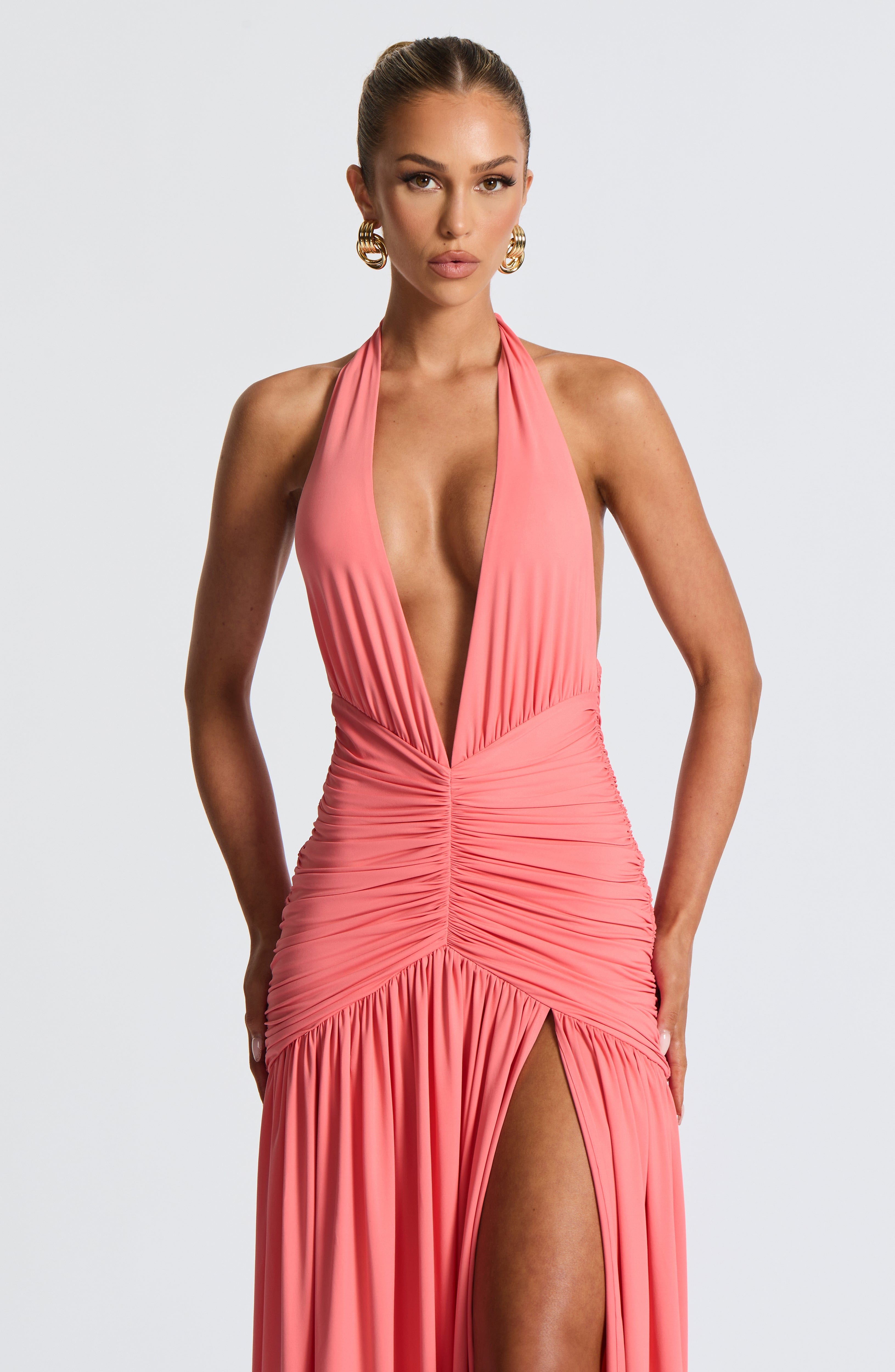 Coral Pink Melania Maxi Dress with Plunge Neckline & Thigh Split