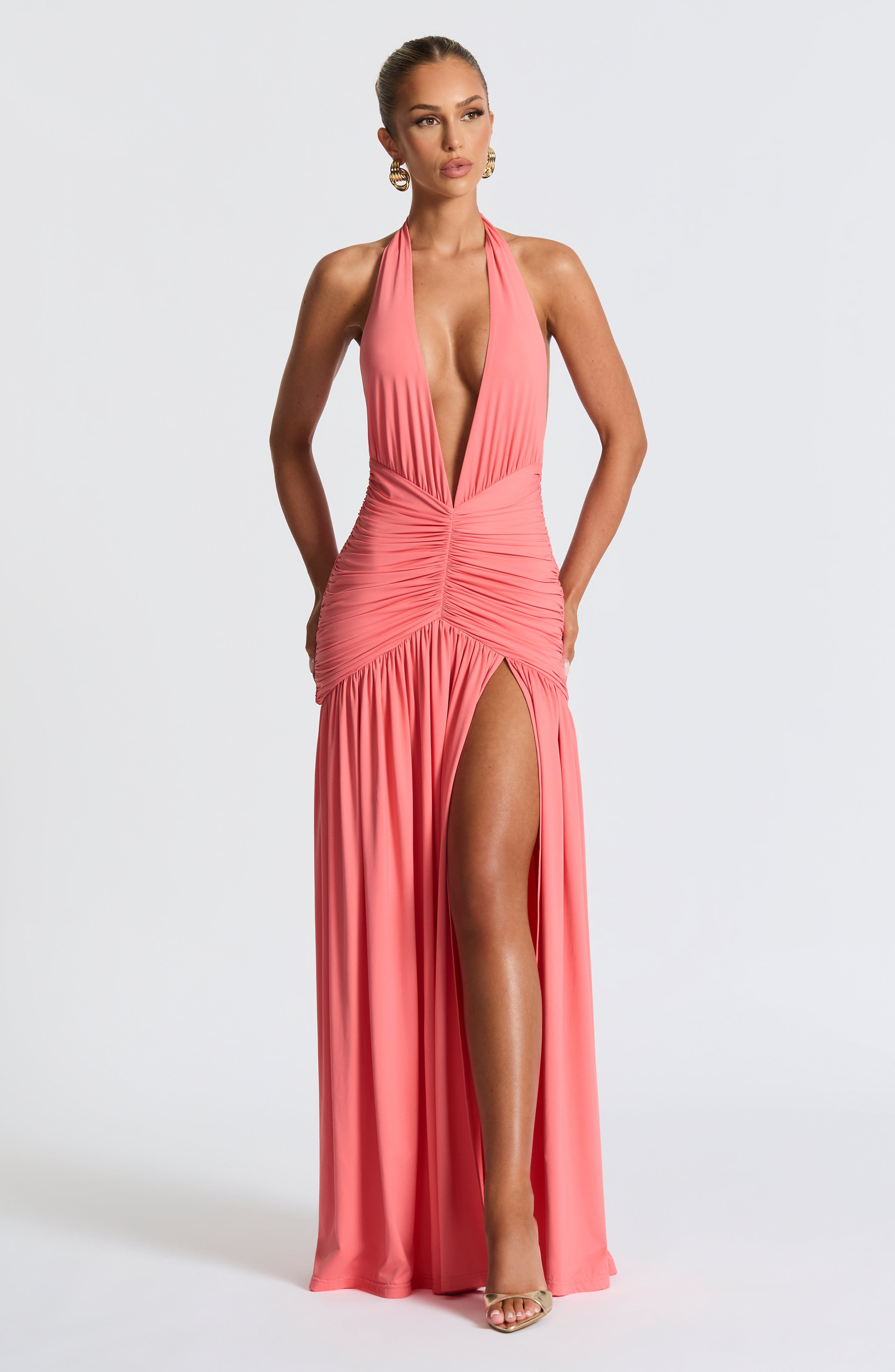 Coral Pink Melania Maxi Dress with Plunge Neckline & Thigh Split