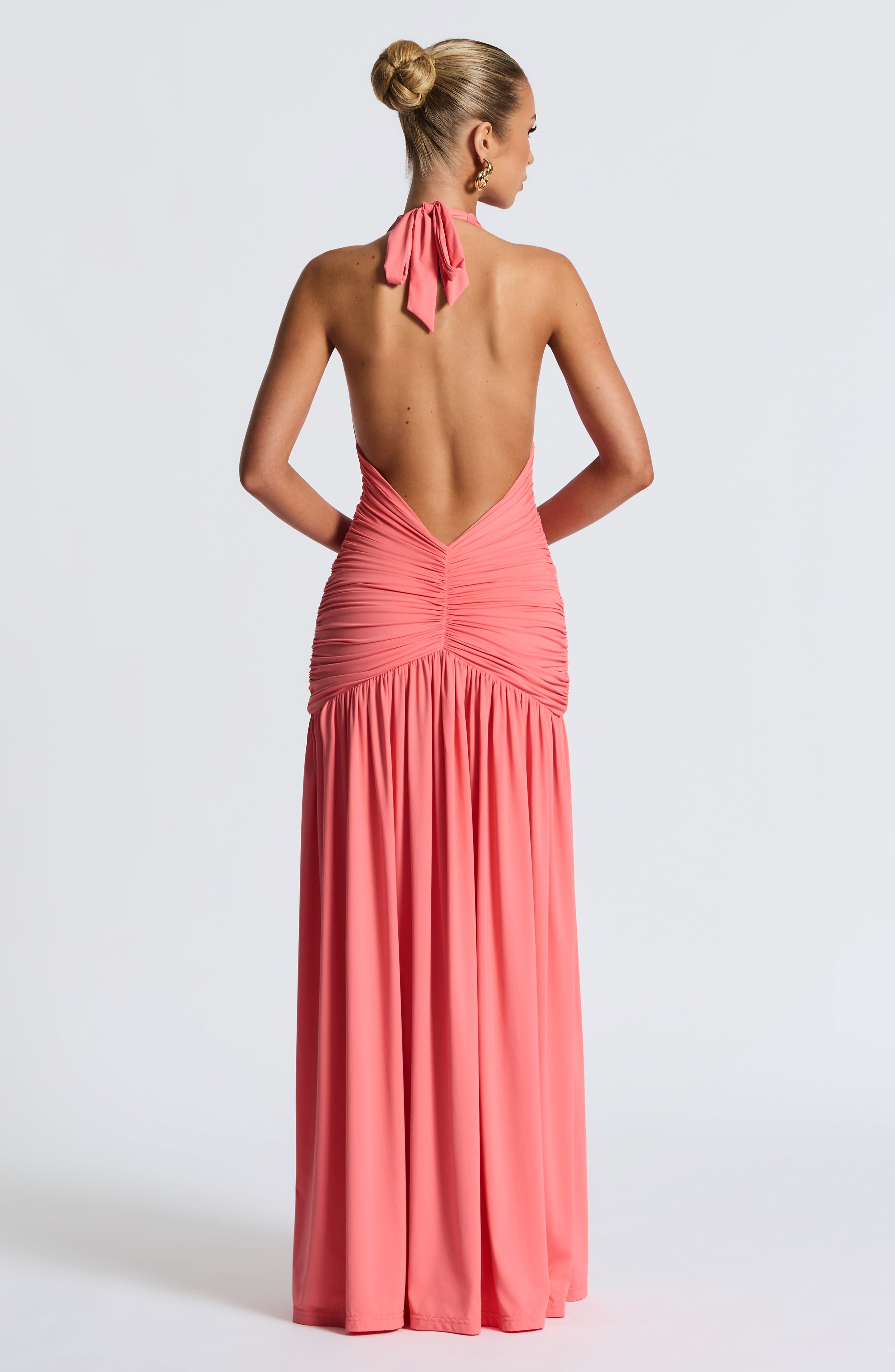 Coral Pink Melania Maxi Dress with Plunge Neckline & Thigh Split