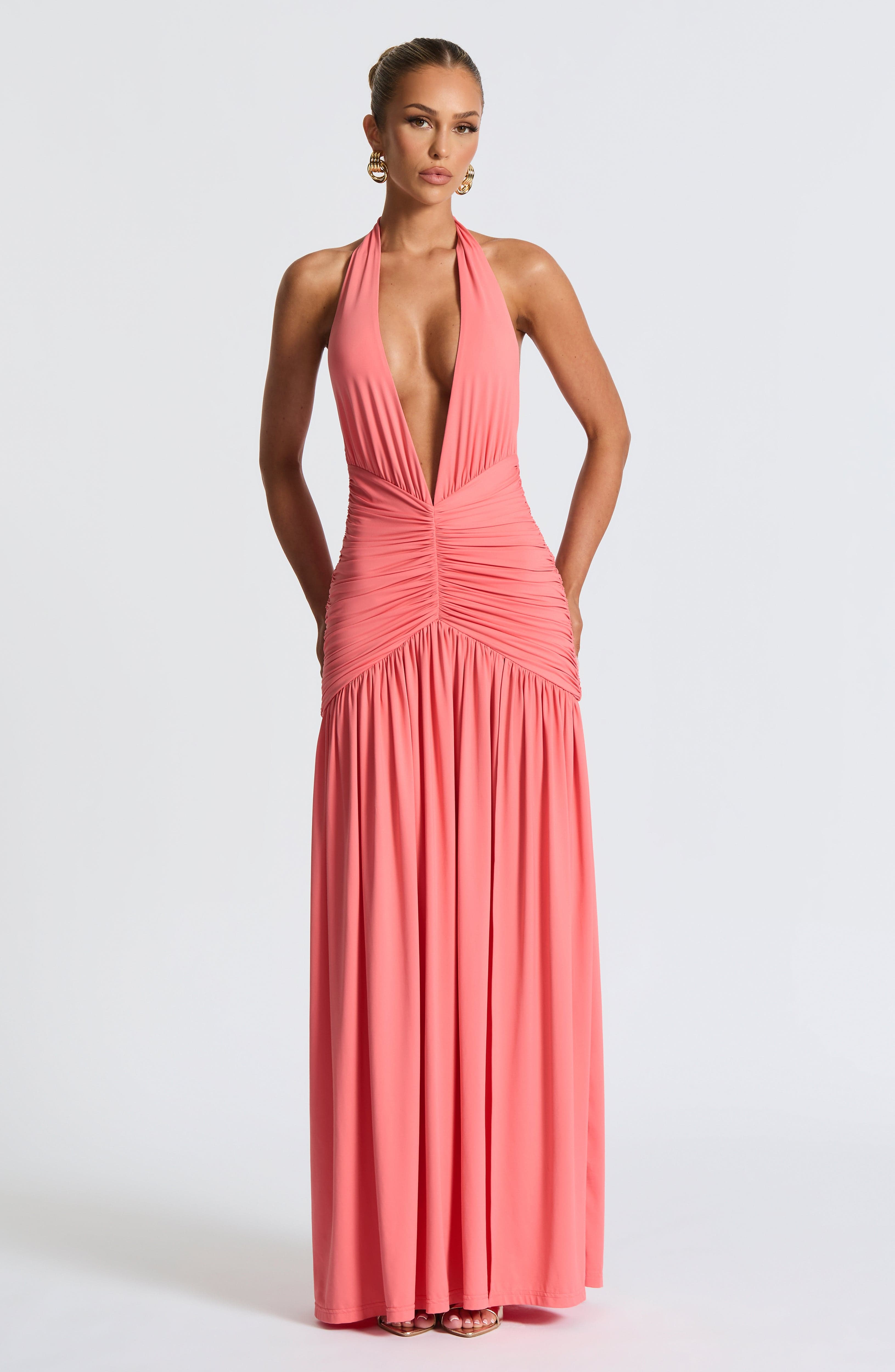 Coral Pink Melania Maxi Dress with Plunge Neckline & Thigh Split