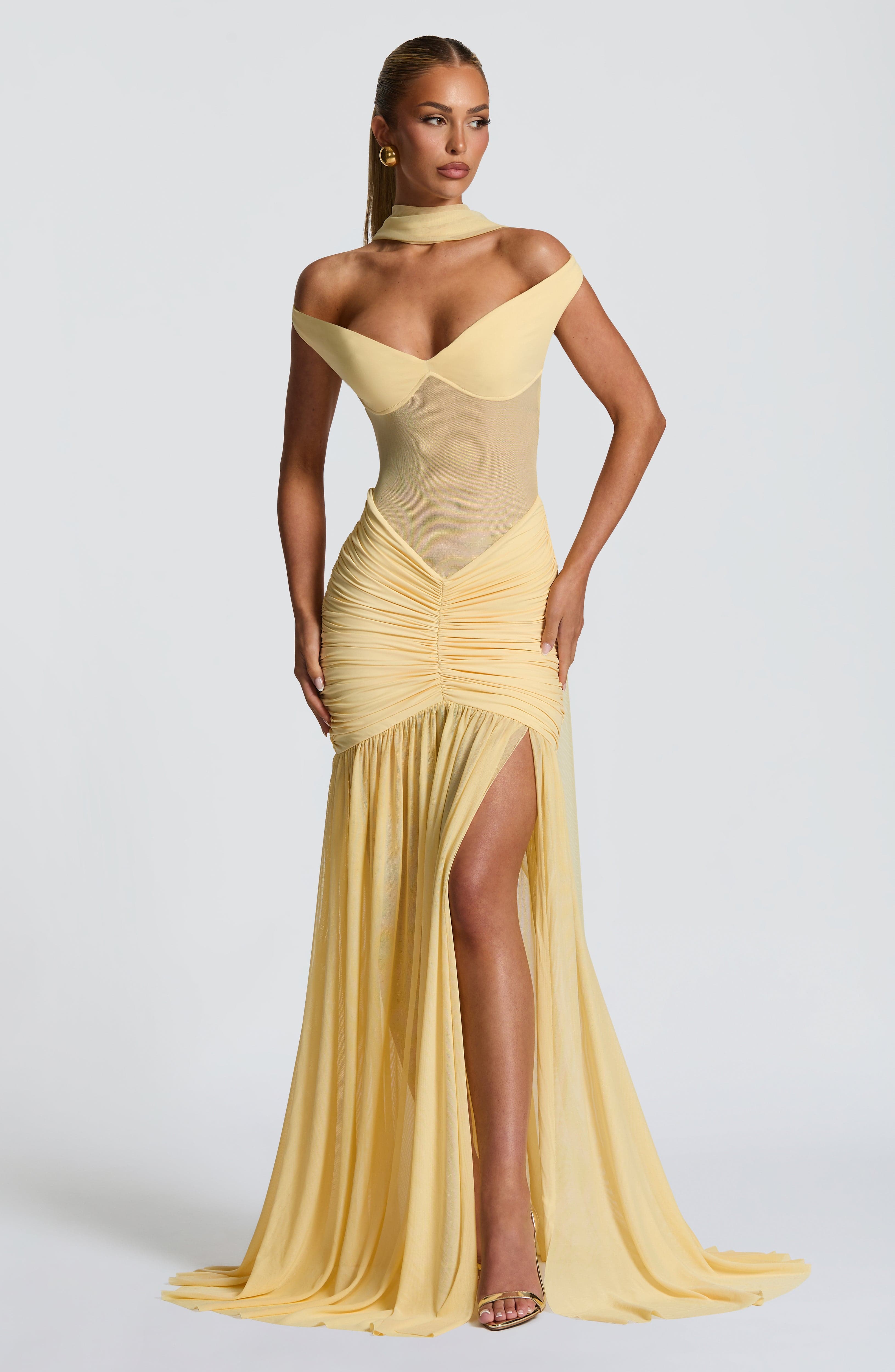 Alaia Lemon Bardot Maxi Dress with Sheer Mesh & Thigh Split