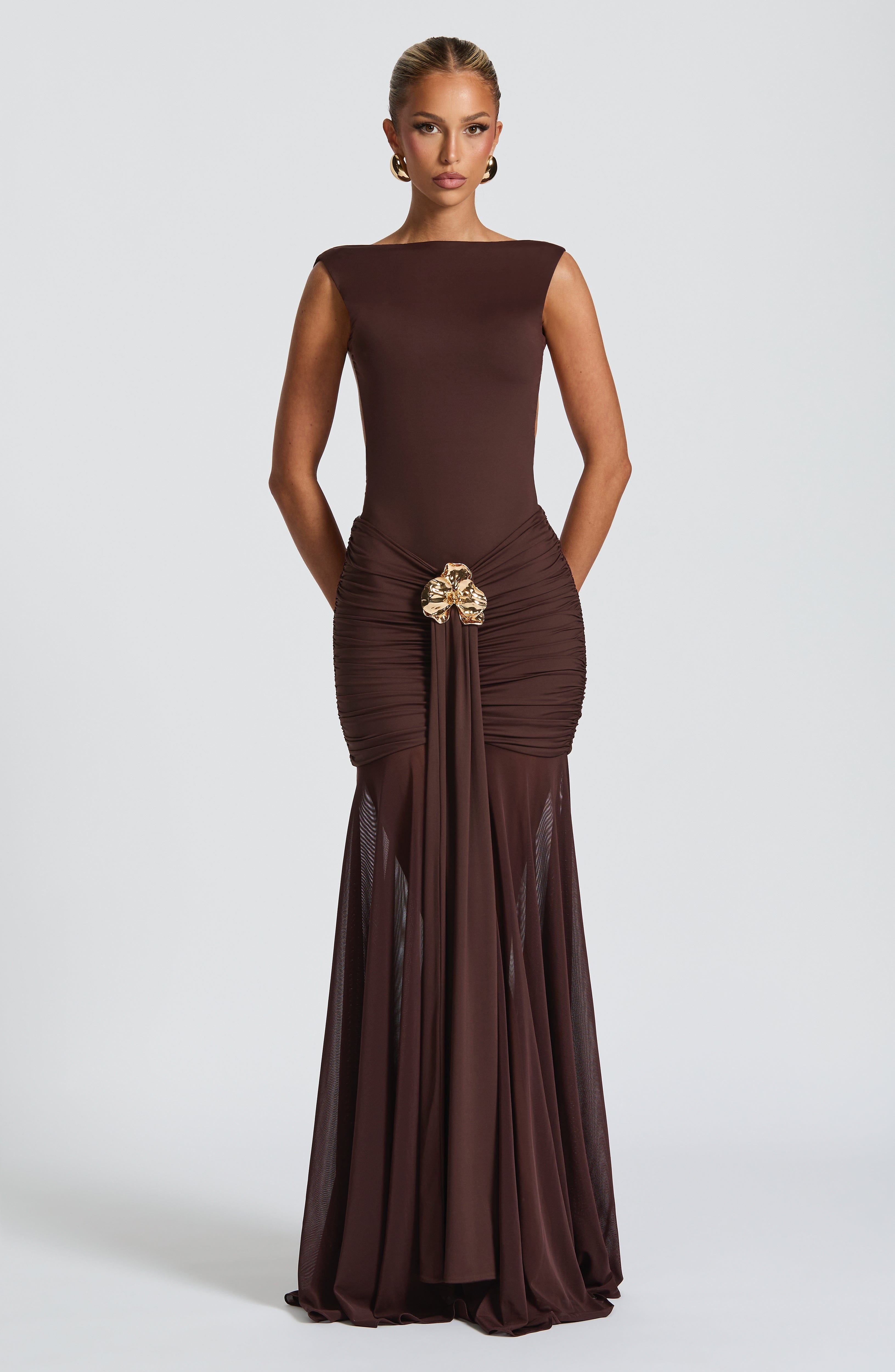 Fae Plum Brown Maxi Skirt with Sheer Mesh & Removable Brooch