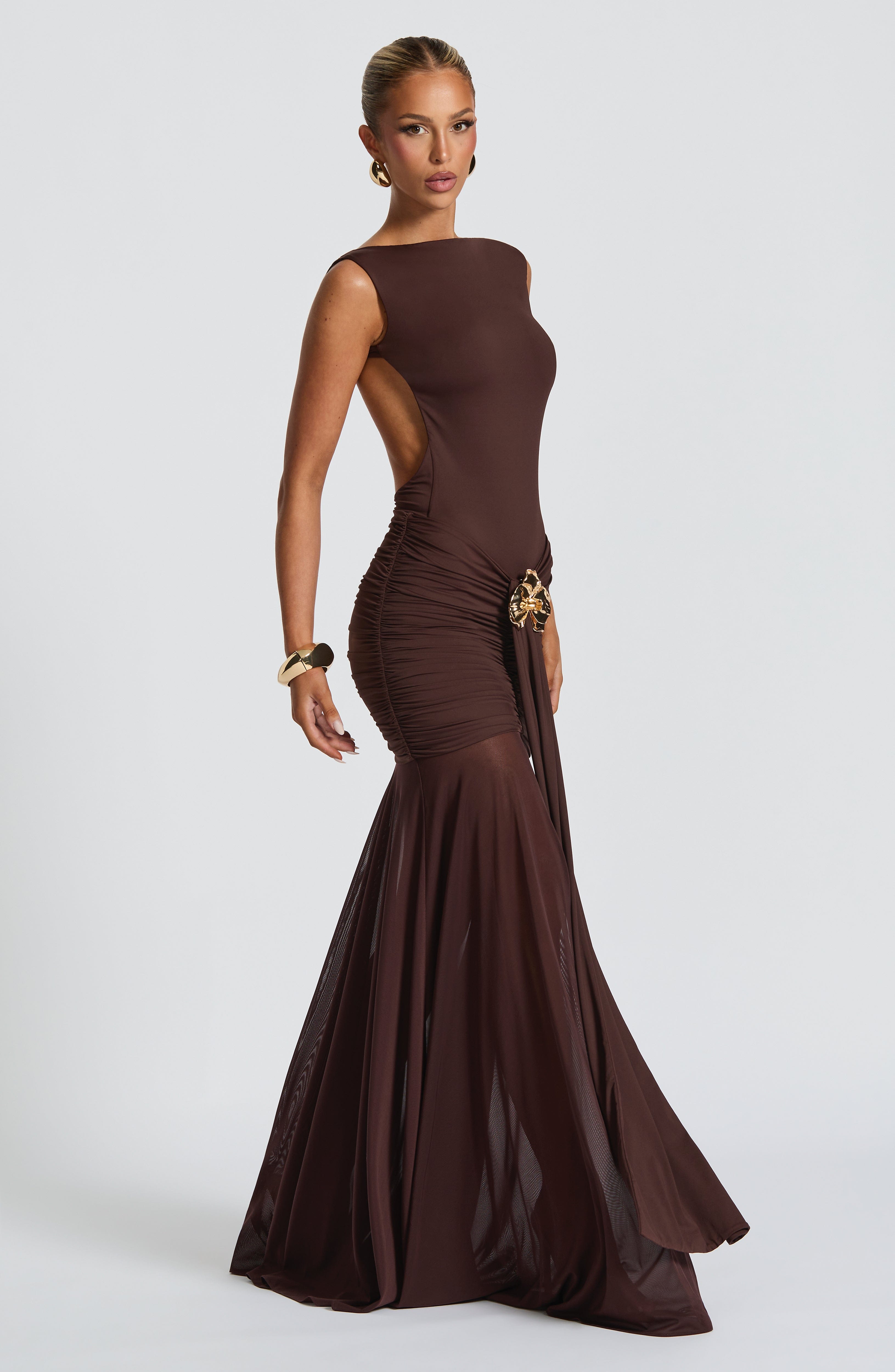 Fae Plum Brown Maxi Skirt with Sheer Mesh & Removable Brooch