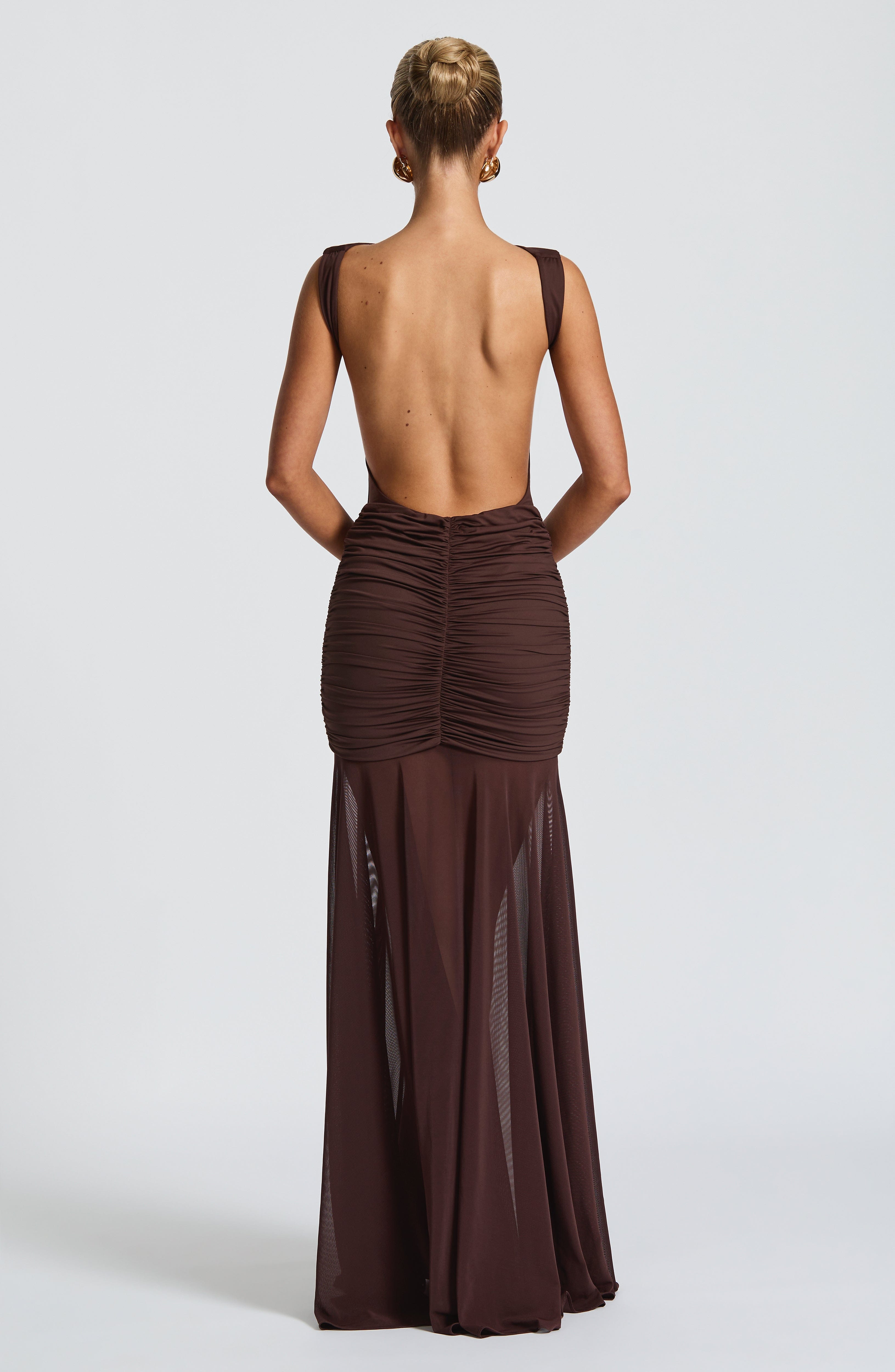 Fae Plum Brown Maxi Skirt with Sheer Mesh & Removable Brooch