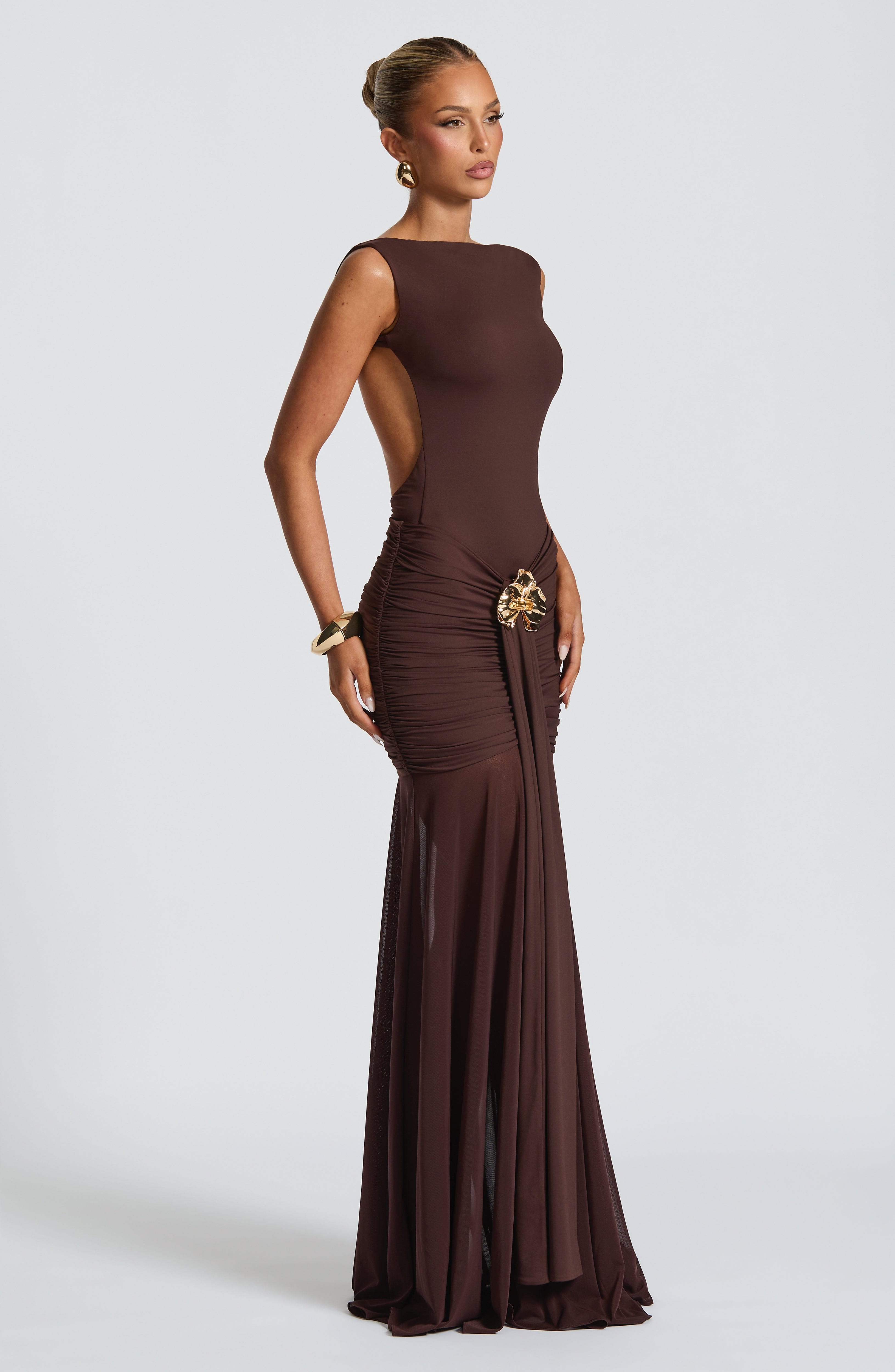 Fae Plum Brown Maxi Skirt with Sheer Mesh & Removable Brooch