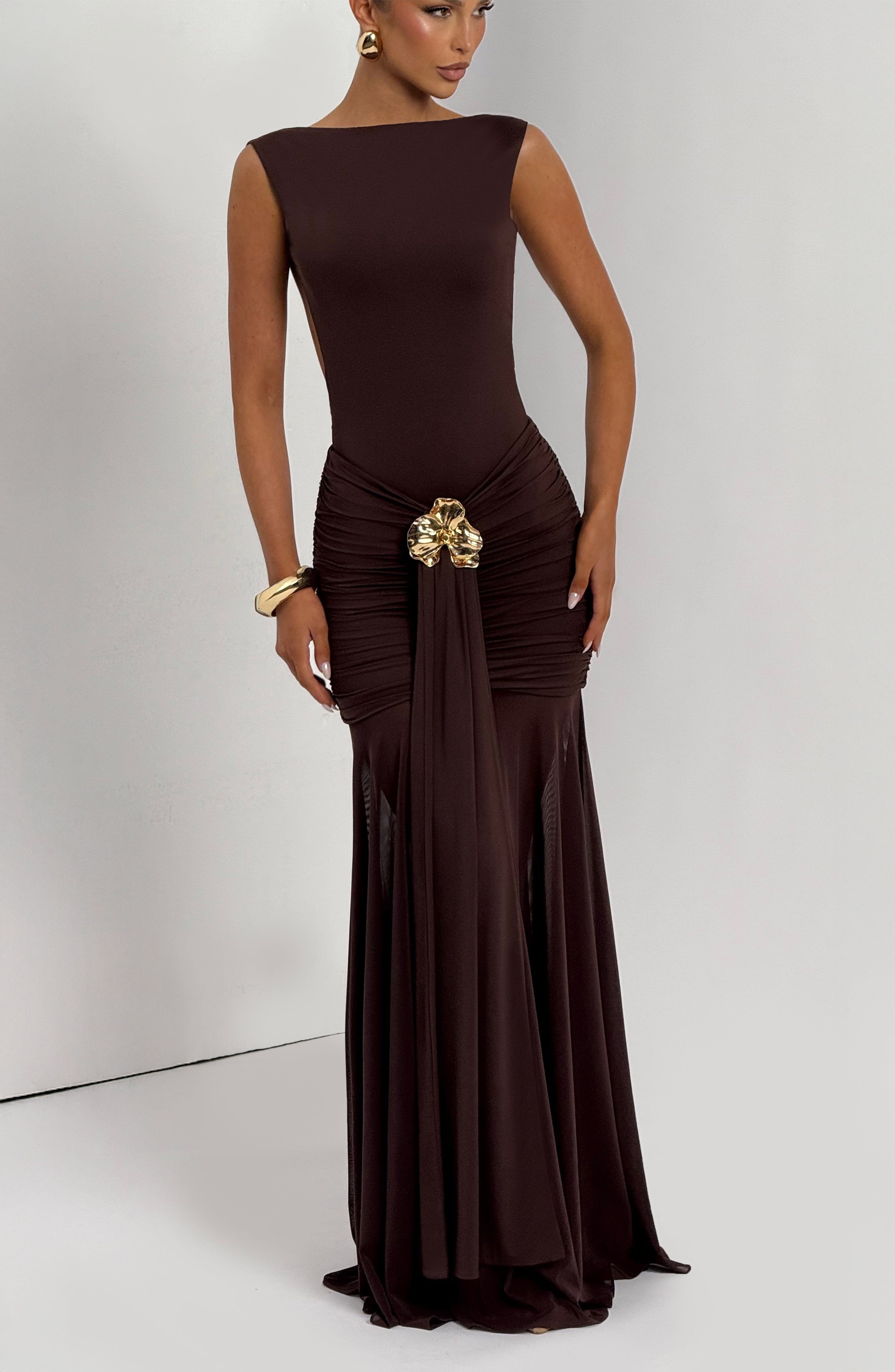 Fae Plum Brown Maxi Skirt with Sheer Mesh & Removable Brooch
