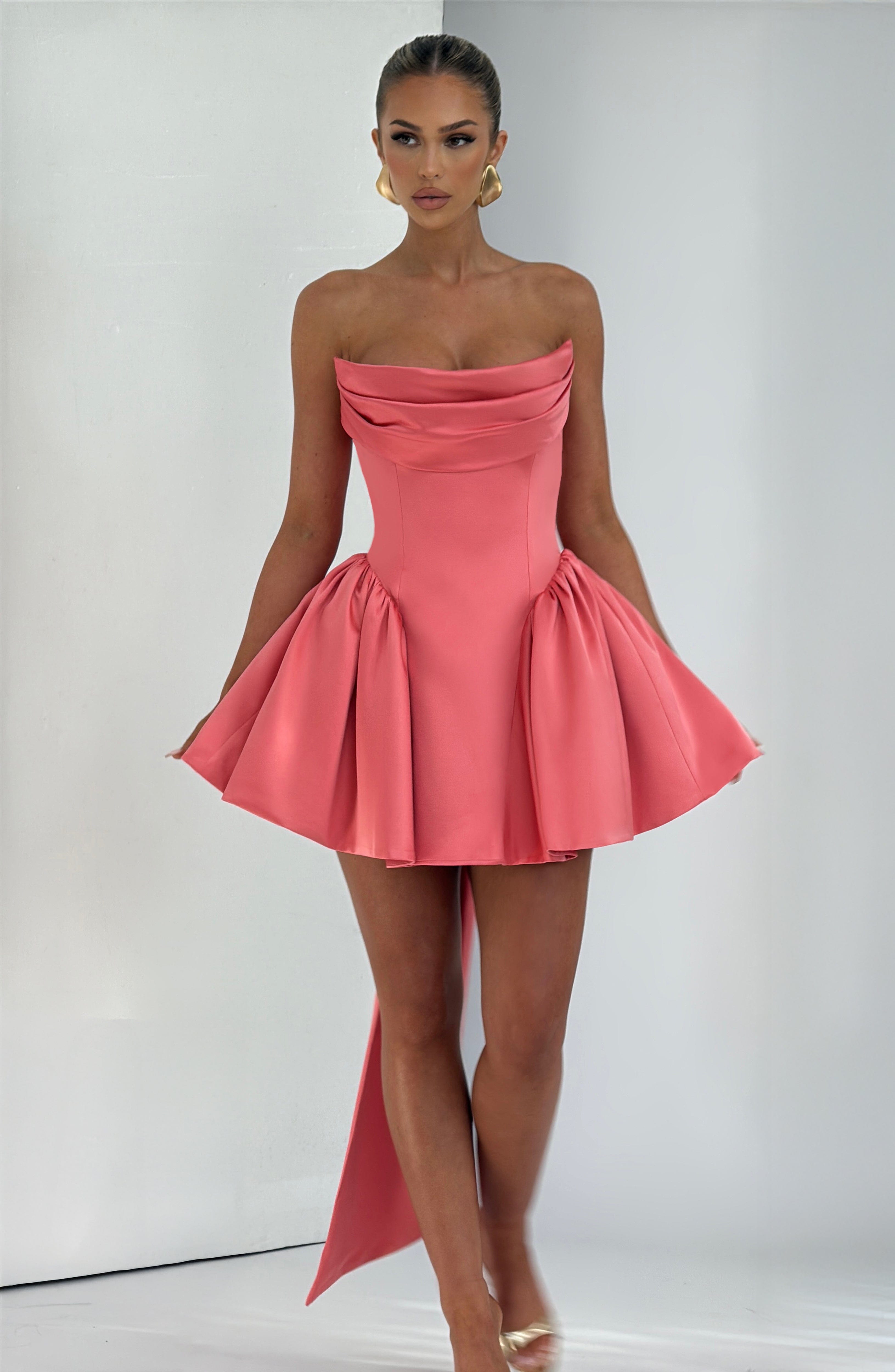 Coral Pink Strapless Mini Dress with Lace Up Back & Bow