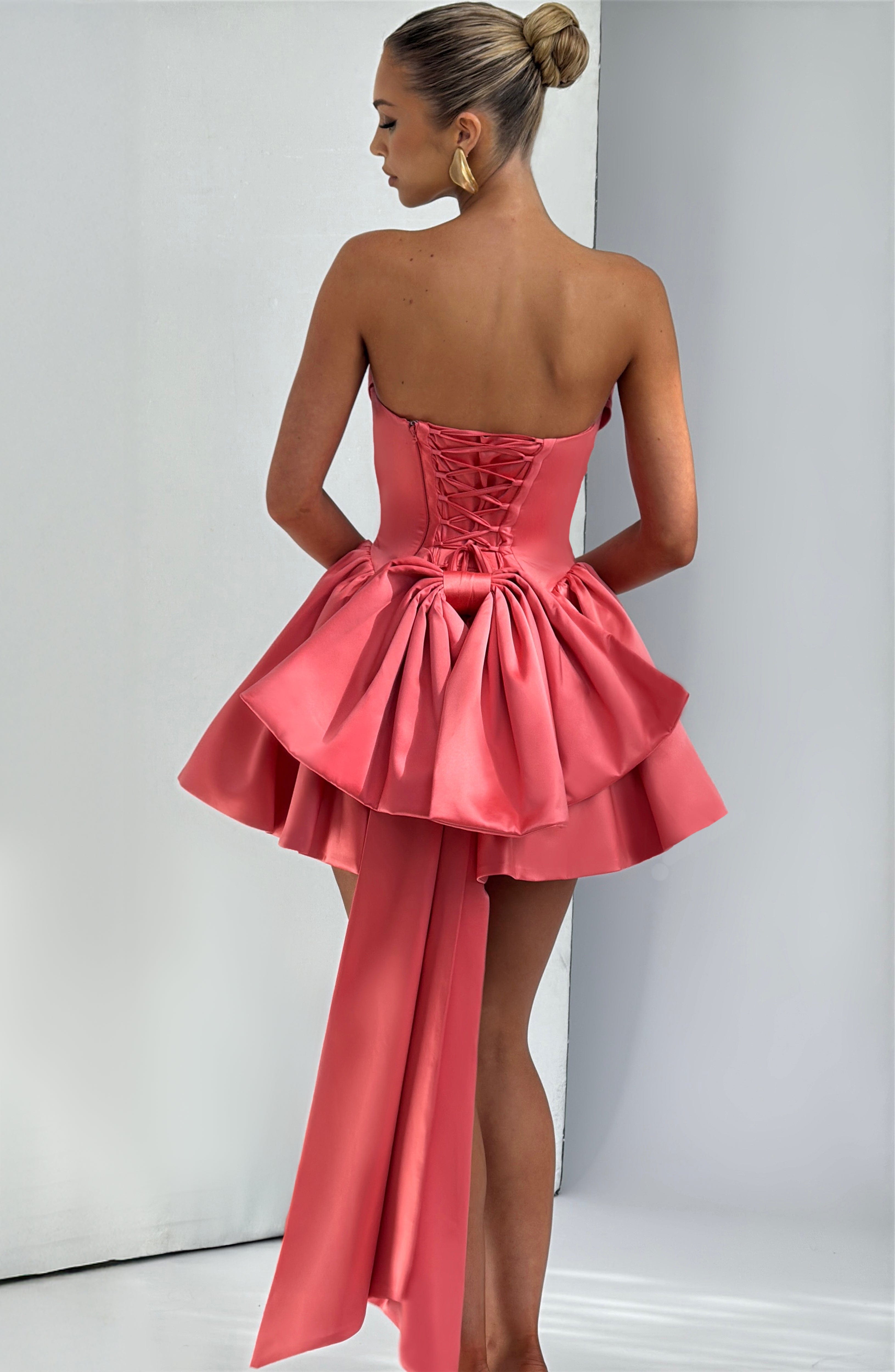 Coral Pink Strapless Mini Dress with Lace Up Back & Bow