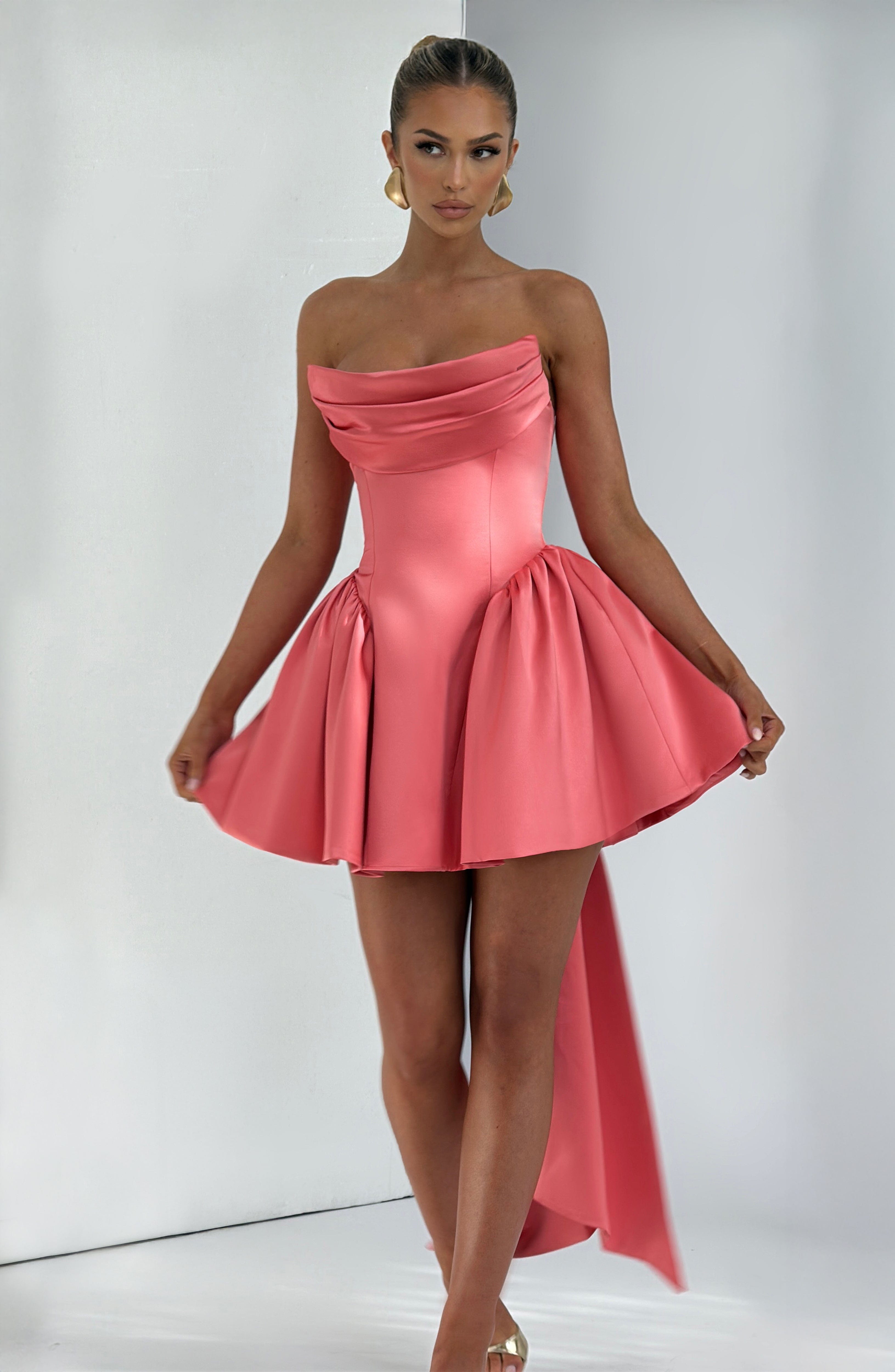 Coral Pink Strapless Mini Dress with Lace Up Back & Bow