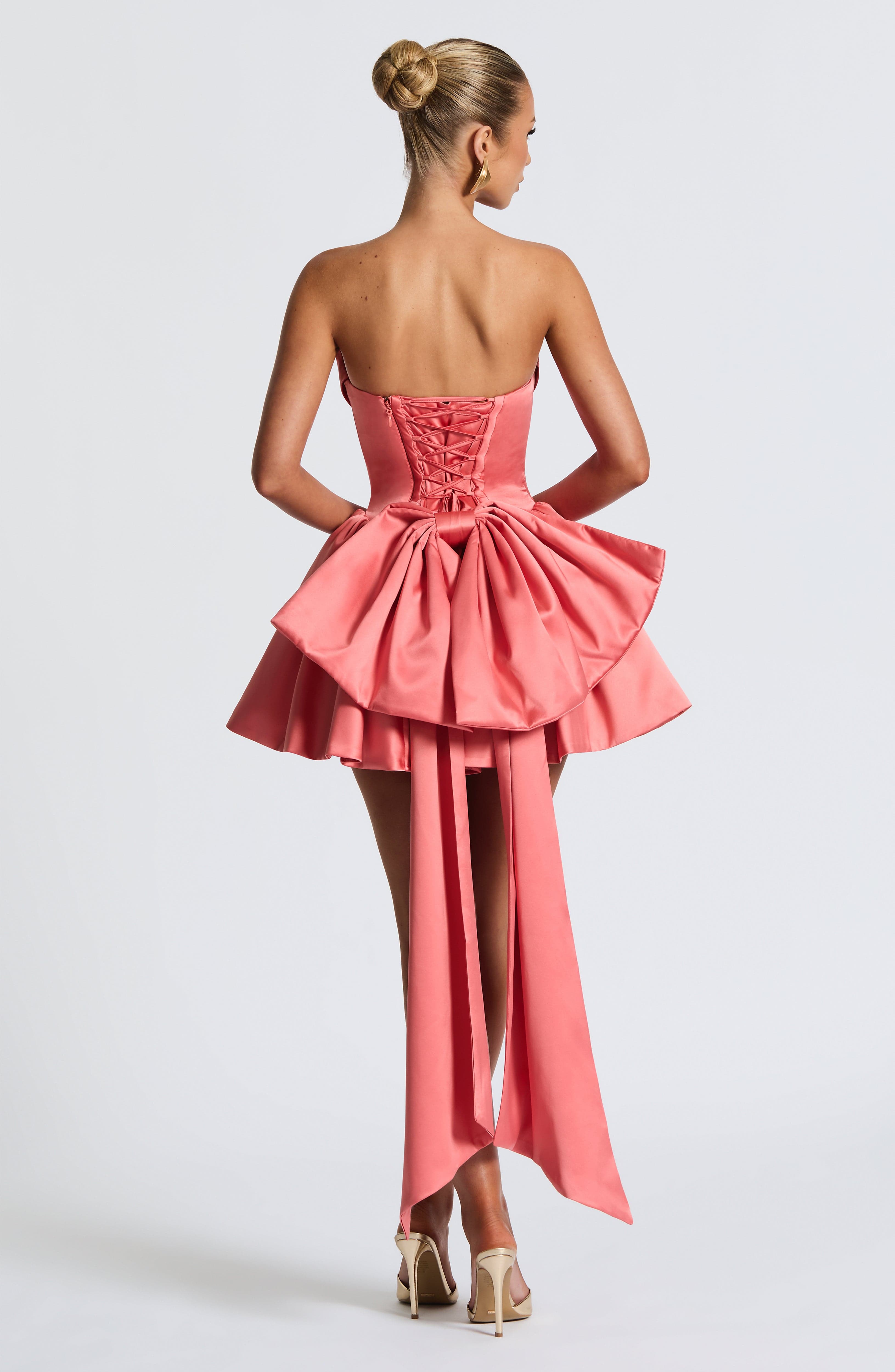 Coral Pink Strapless Mini Dress with Lace Up Back & Bow