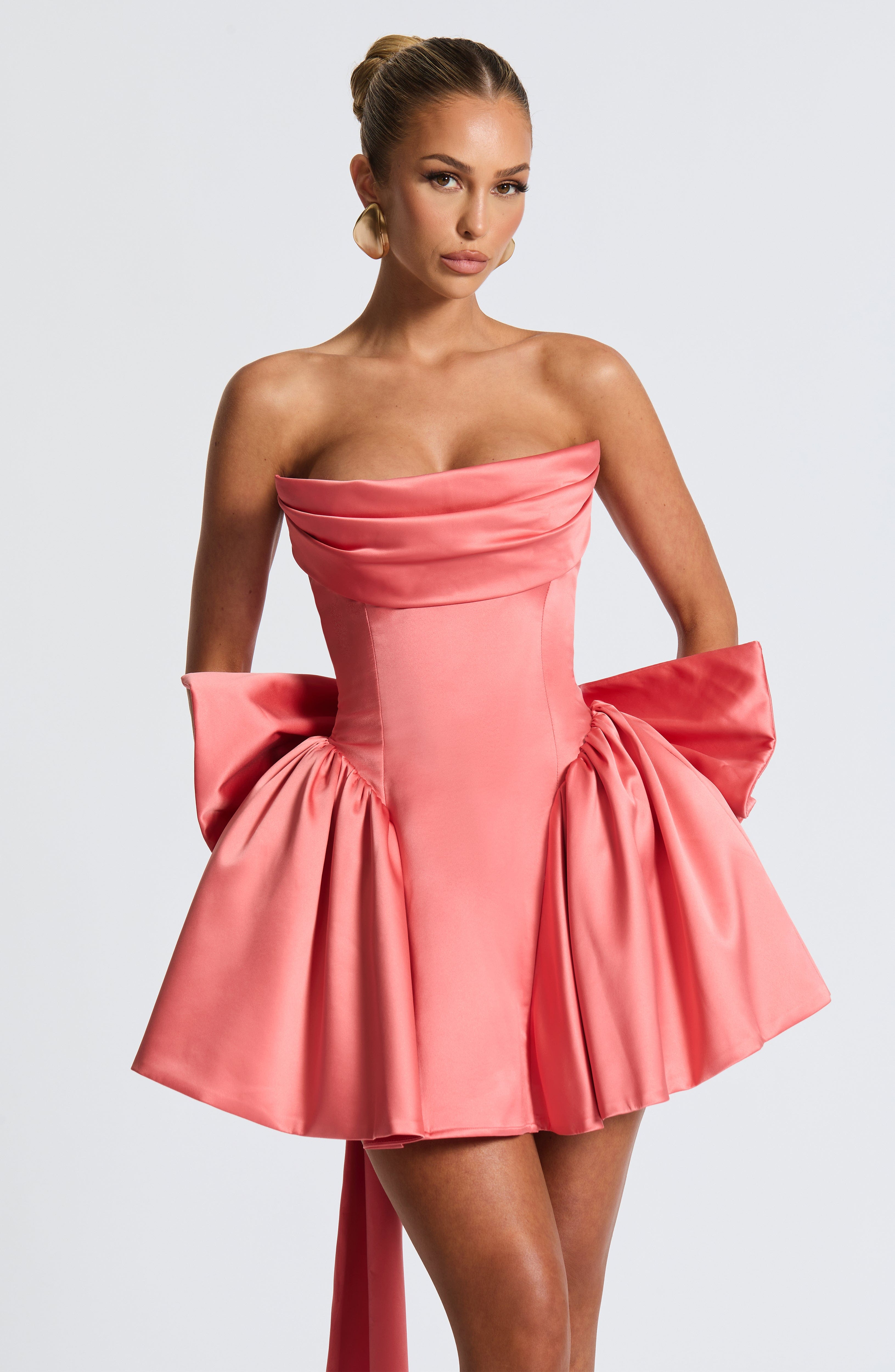 Coral Pink Strapless Mini Dress with Lace Up Back & Bow