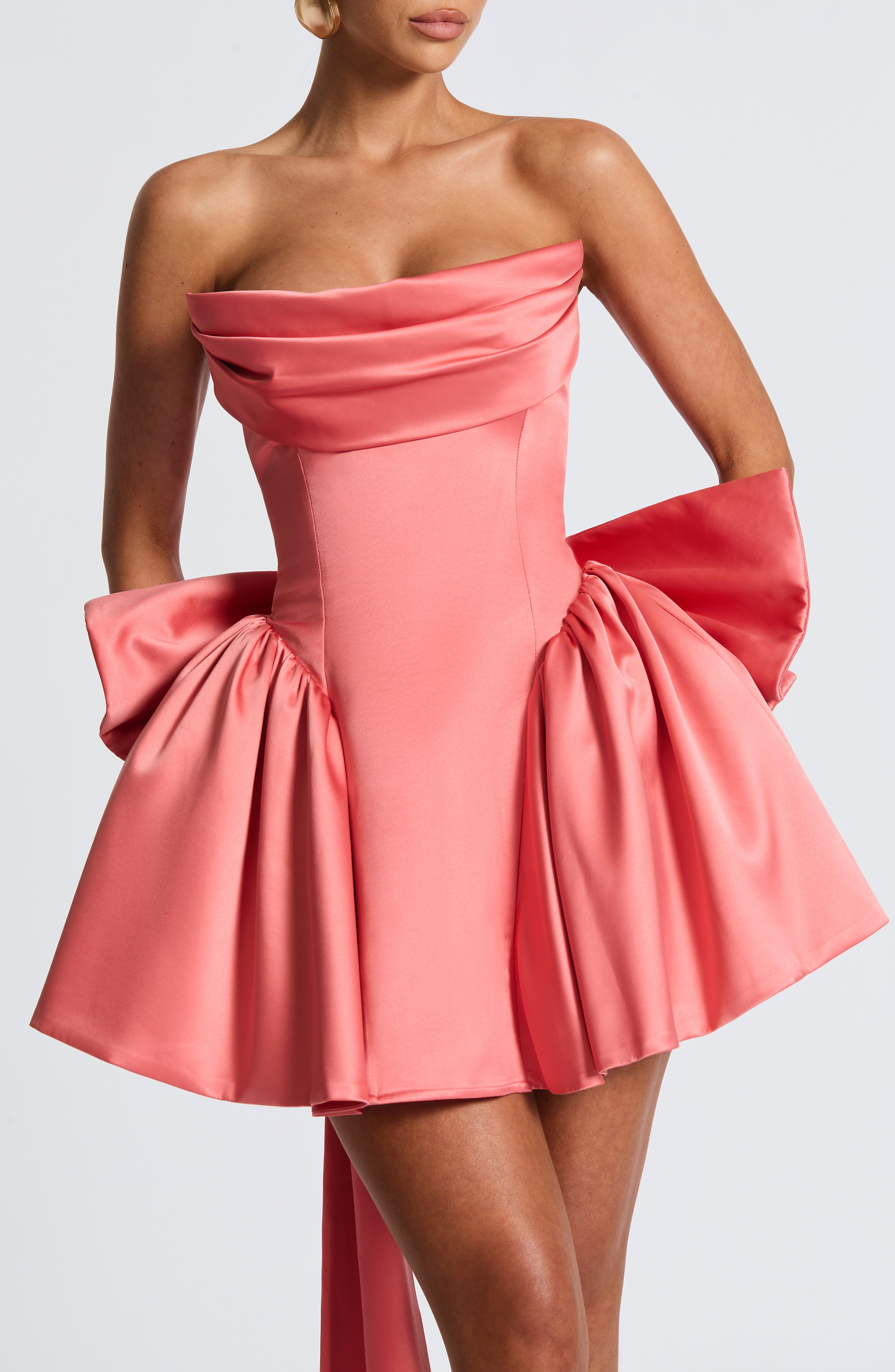 Coral Pink Strapless Mini Dress with Lace Up Back & Bow