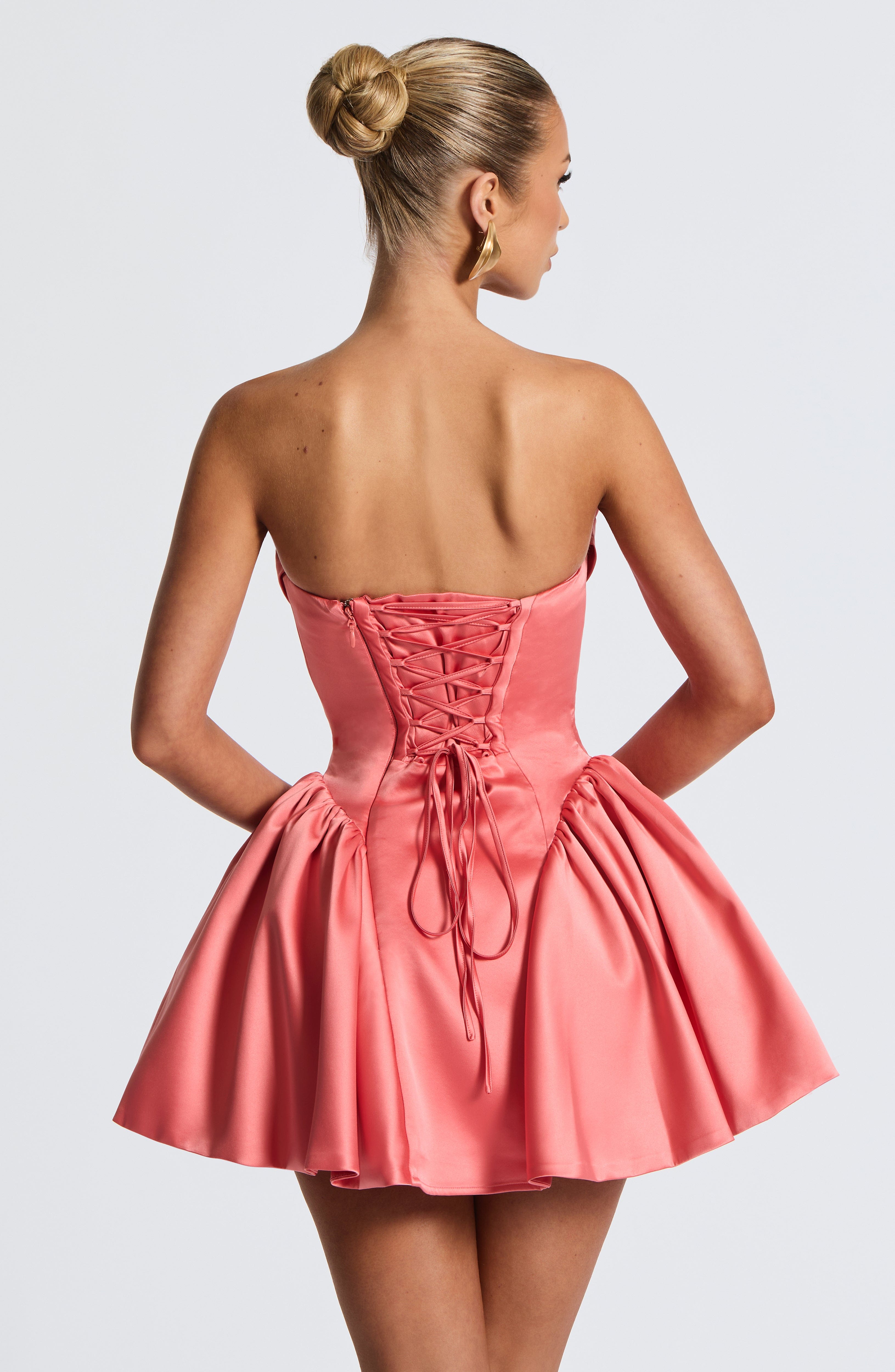 Coral Pink Strapless Mini Dress with Lace Up Back & Bow