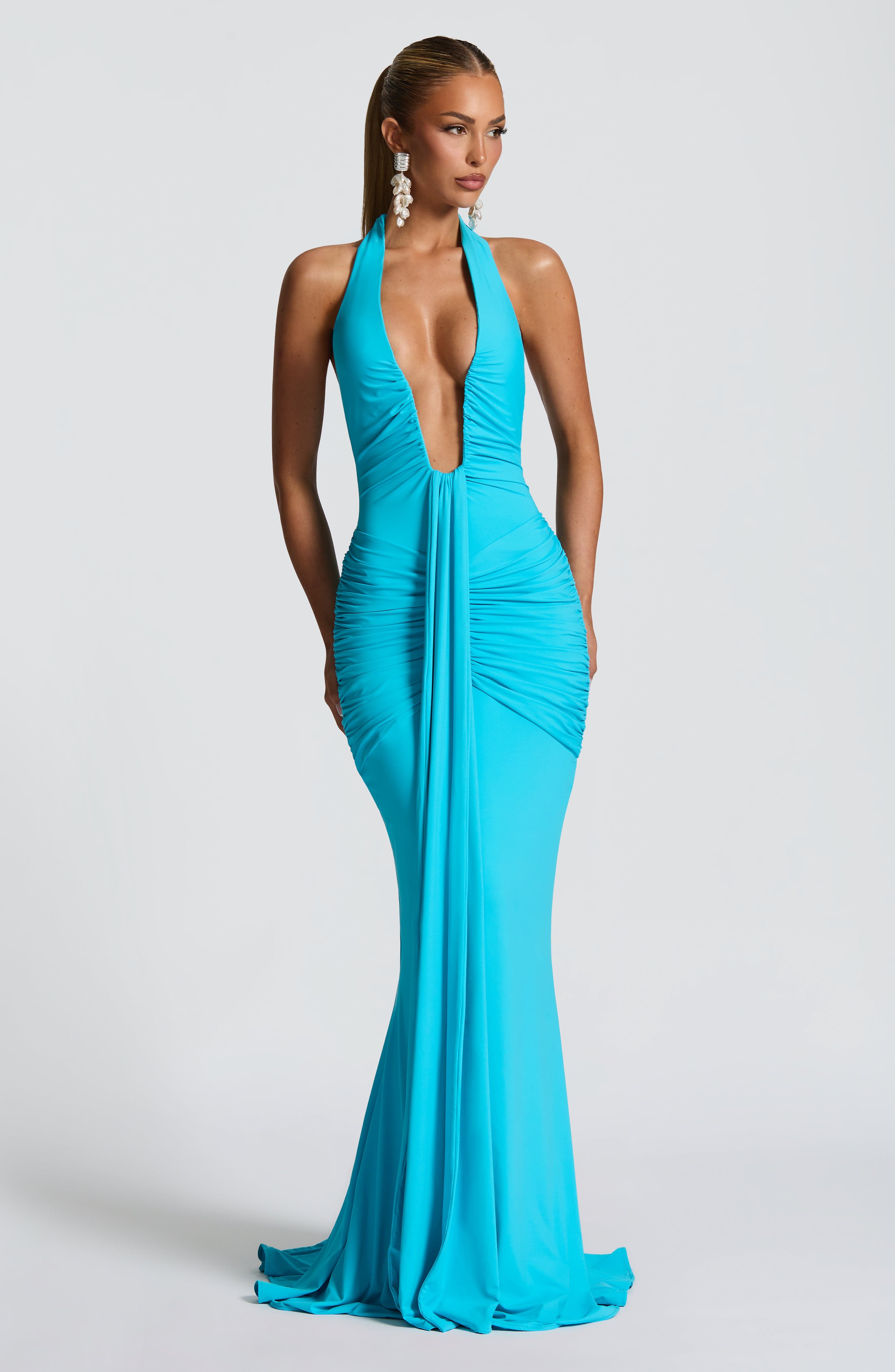 Aqua Rosetta Maxi Dress with Plunge Halter Neck & Train