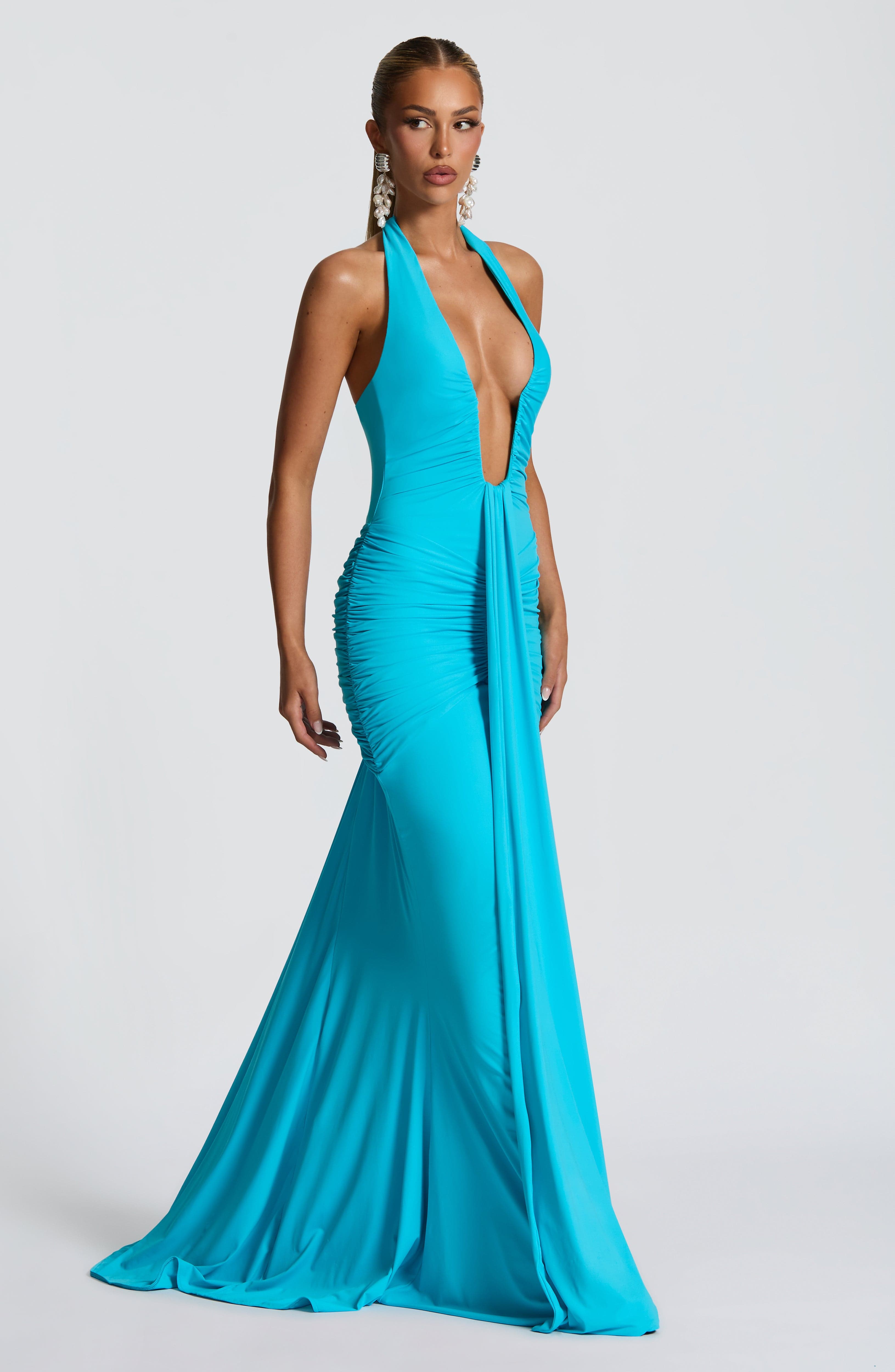 Aqua Rosetta Maxi Dress with Plunge Halter Neck & Train