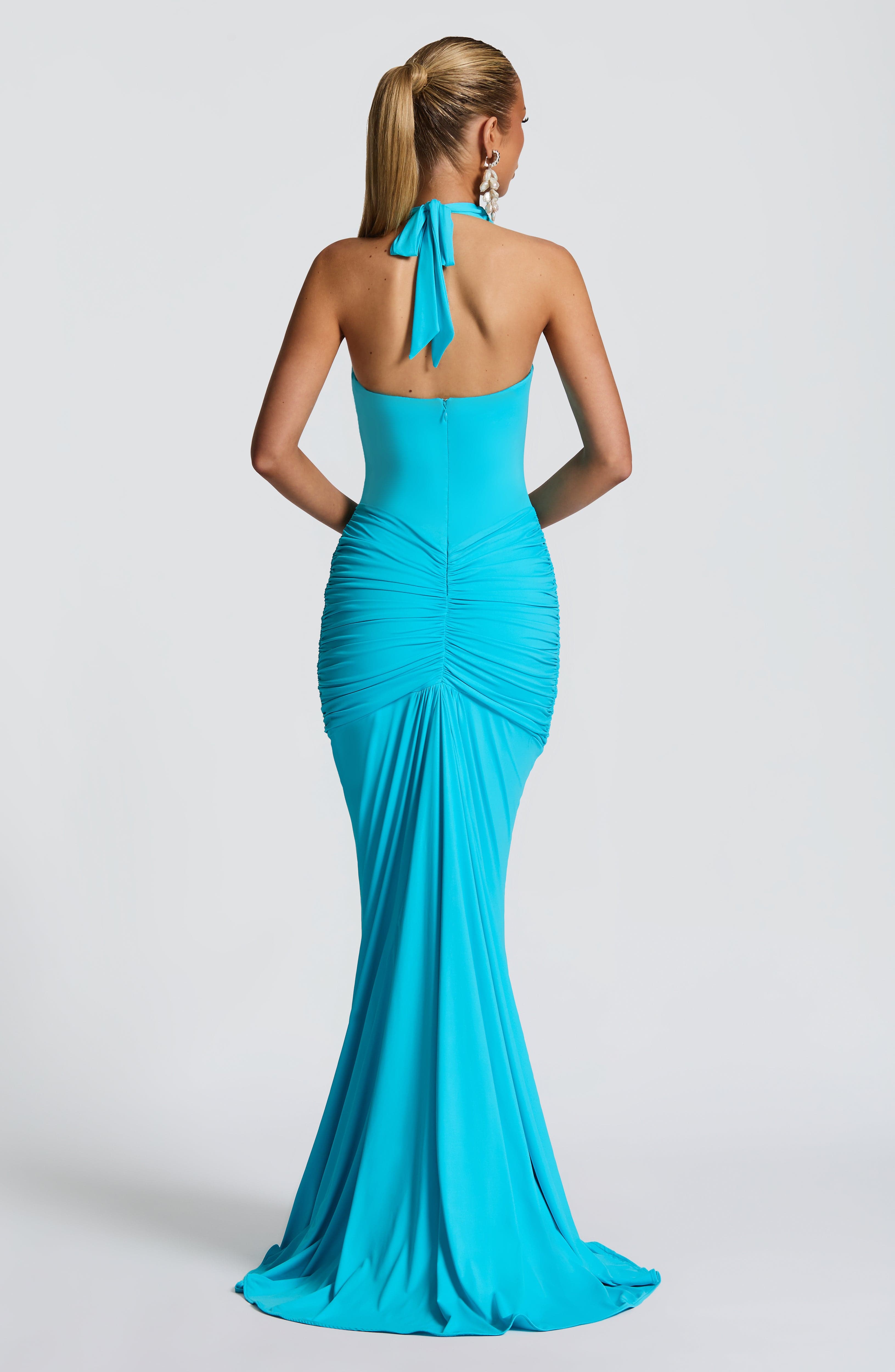 Aqua Rosetta Maxi Dress with Plunge Halter Neck & Train