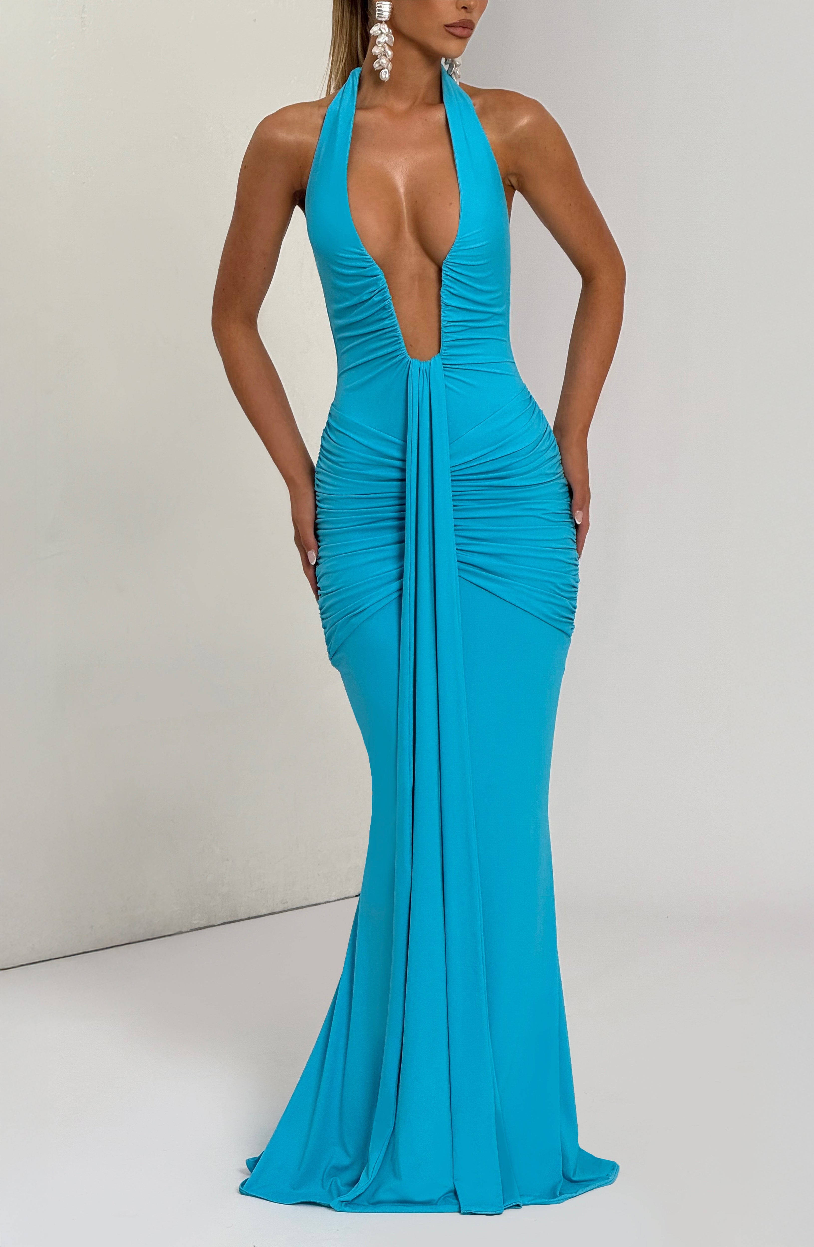 Aqua Rosetta Maxi Dress with Plunge Halter Neck & Train
