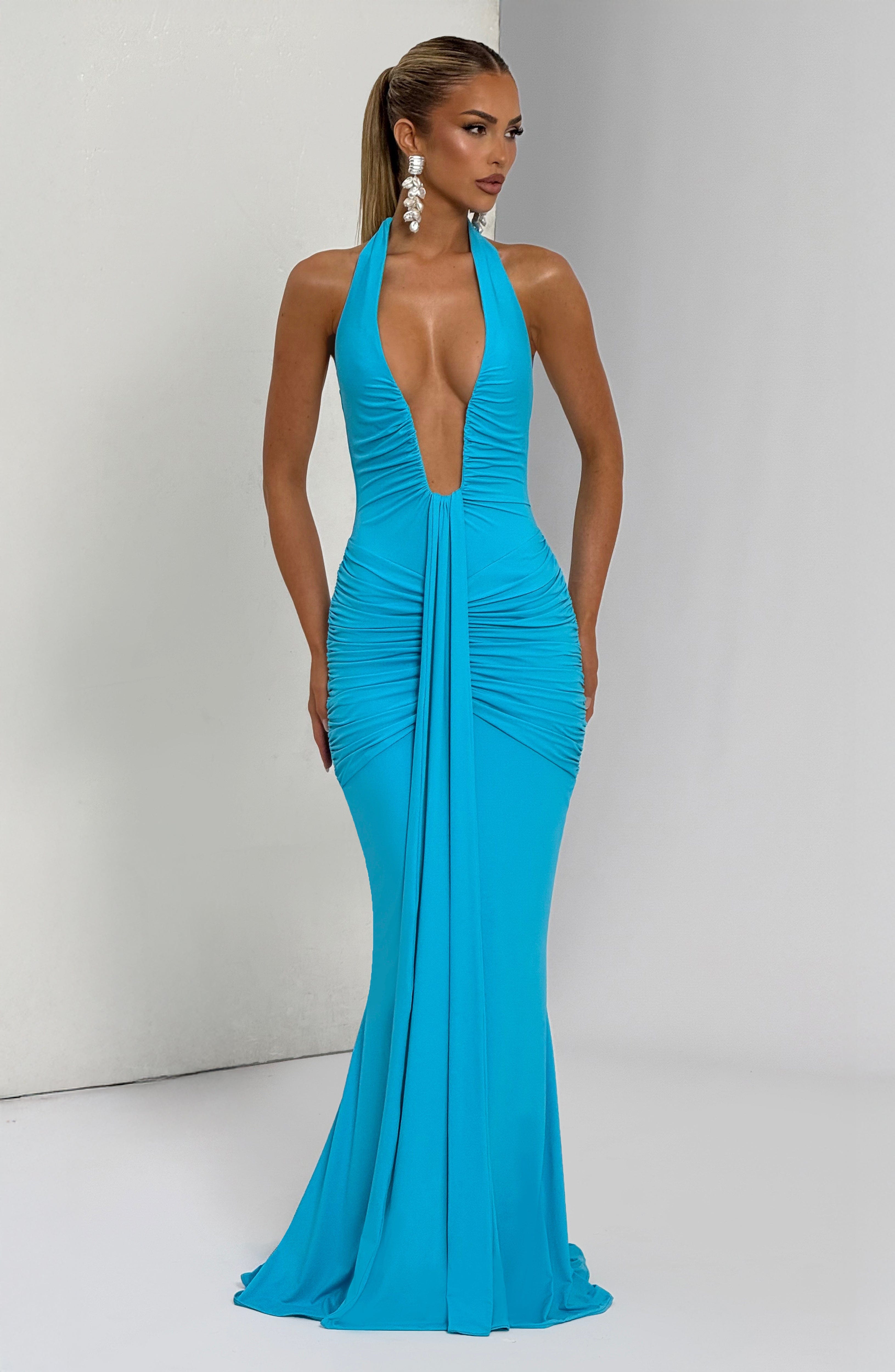 Aqua Rosetta Maxi Dress with Plunge Halter Neck & Train