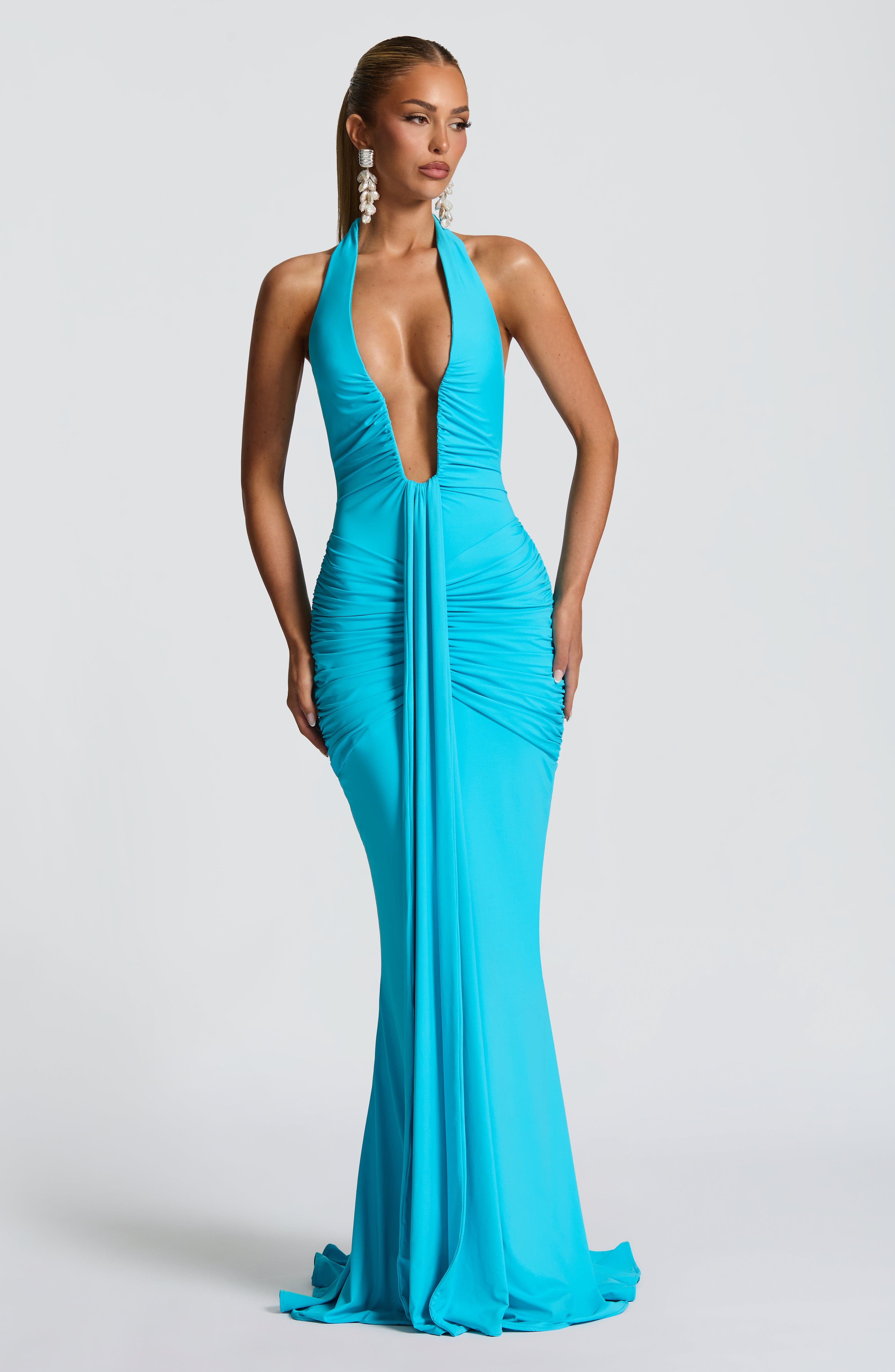Aqua Rosetta Maxi Dress with Plunge Halter Neck & Train