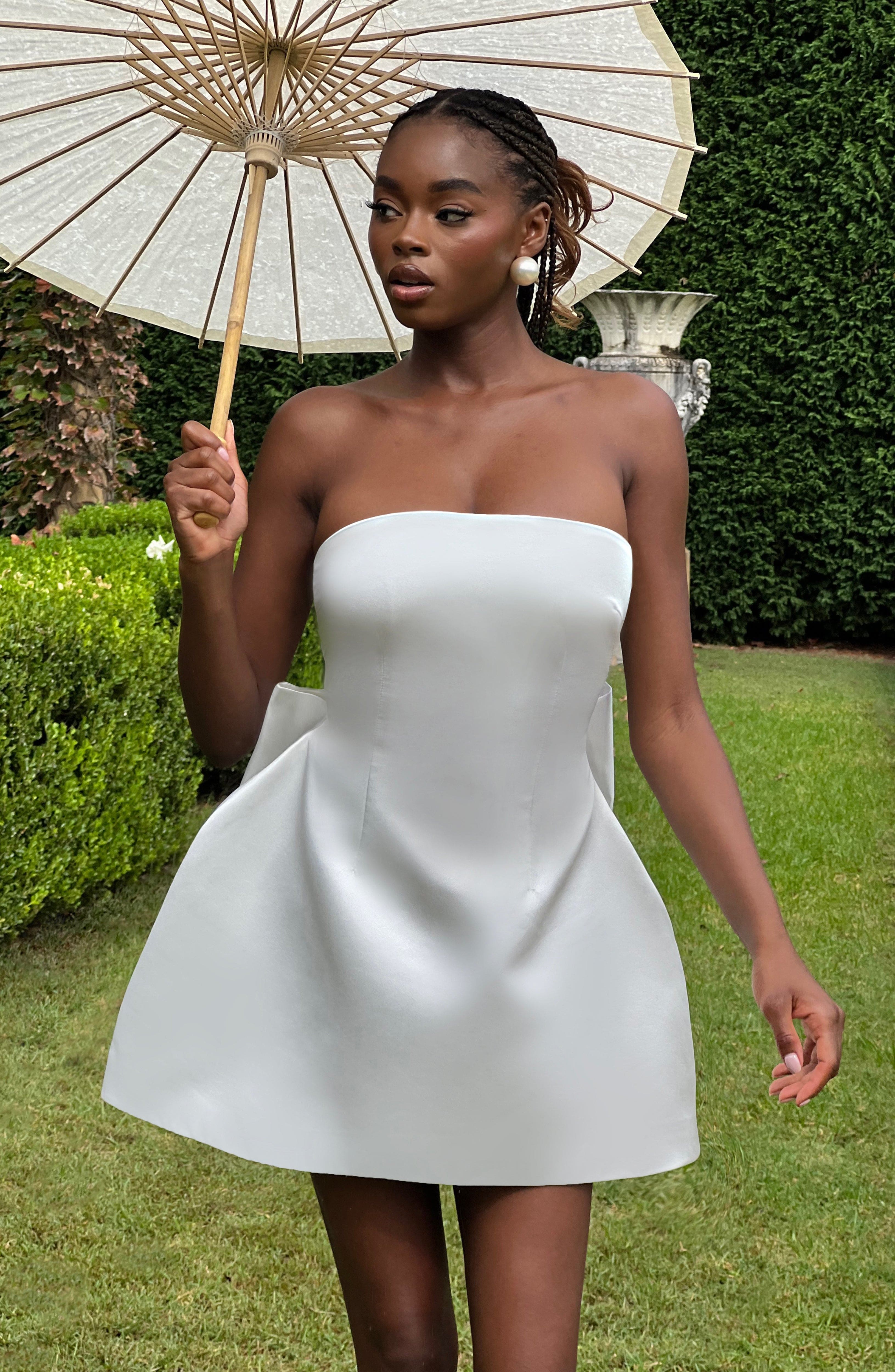 Ivory Strapless Satin Mini Dress with Lace Up Back & Bow
