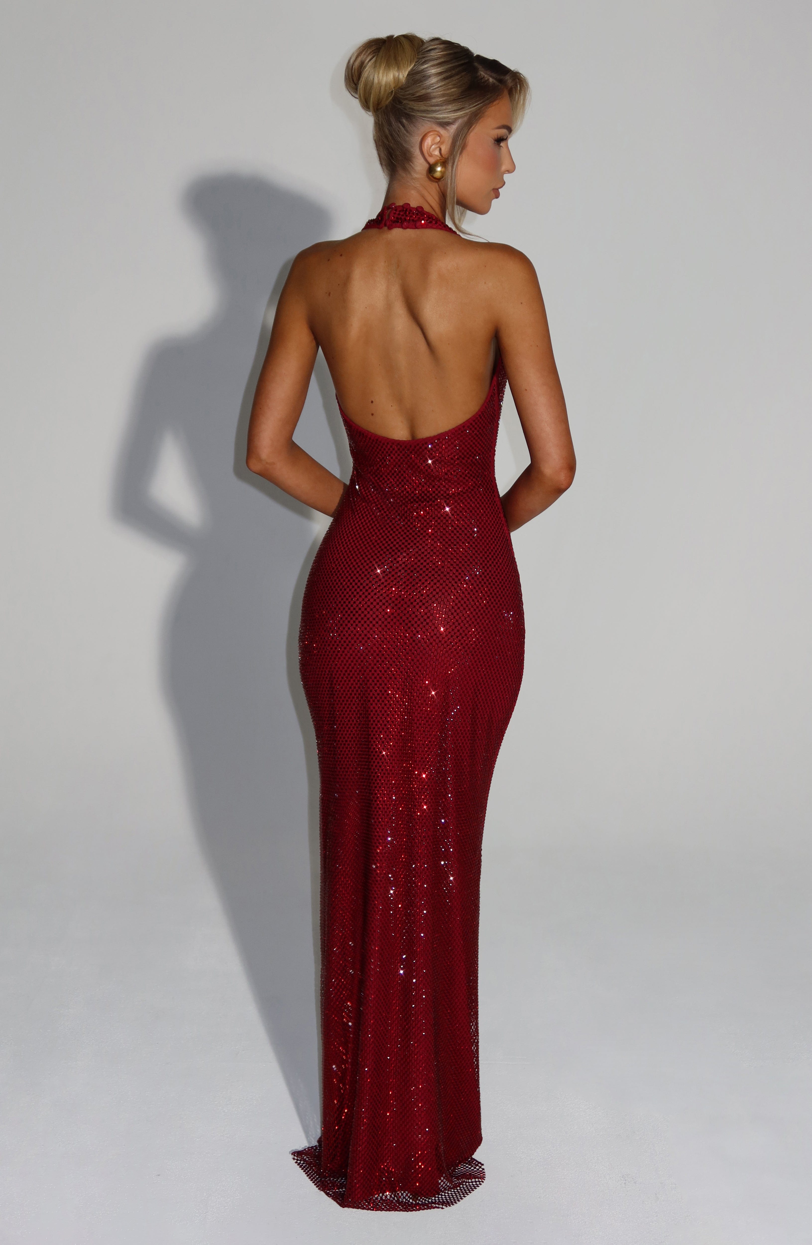 Wine Starla Rhinestone Halter Maxi Dress - Figure Hugging Elegance