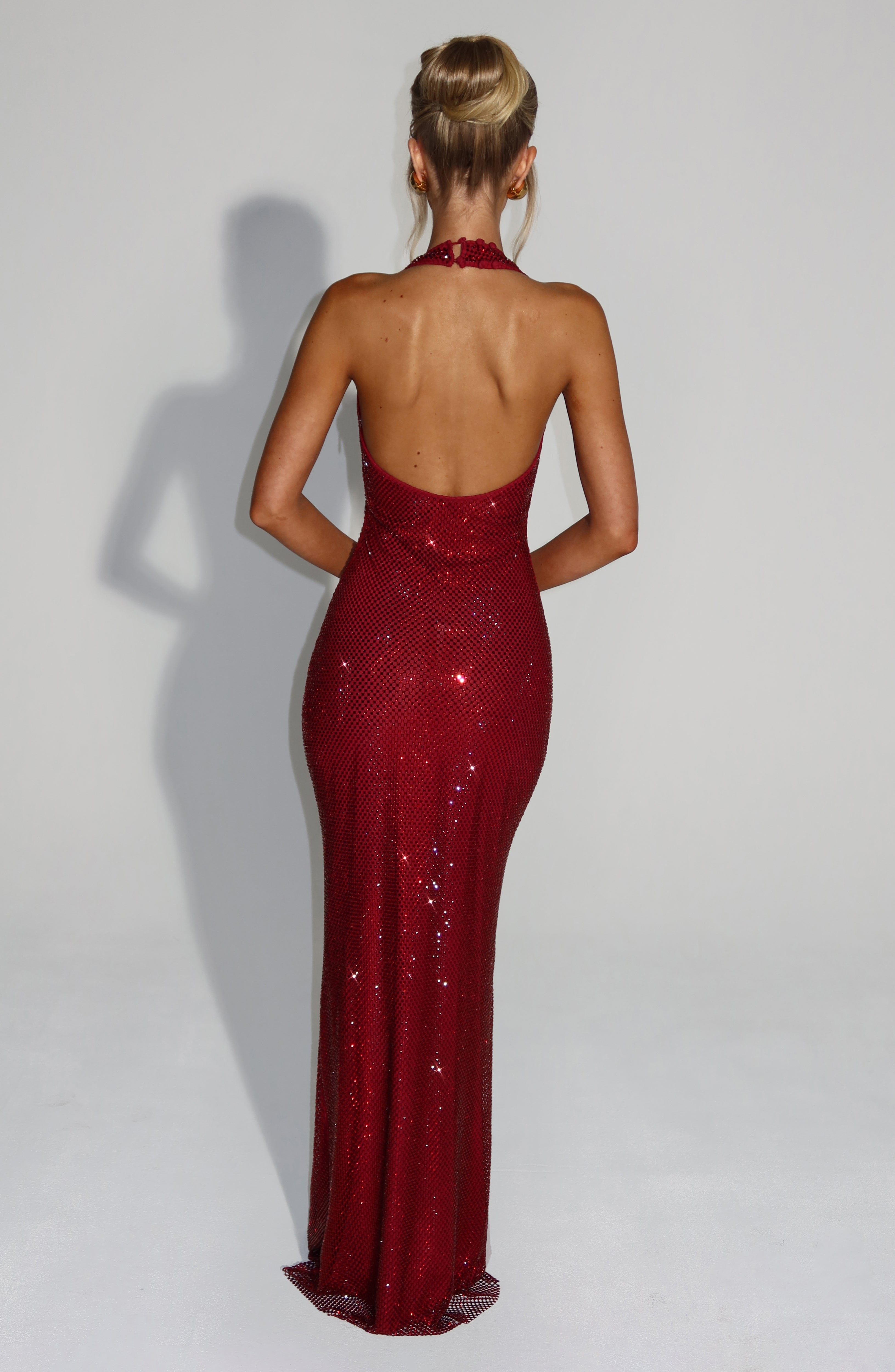 Wine Starla Rhinestone Halter Maxi Dress - Figure Hugging Elegance