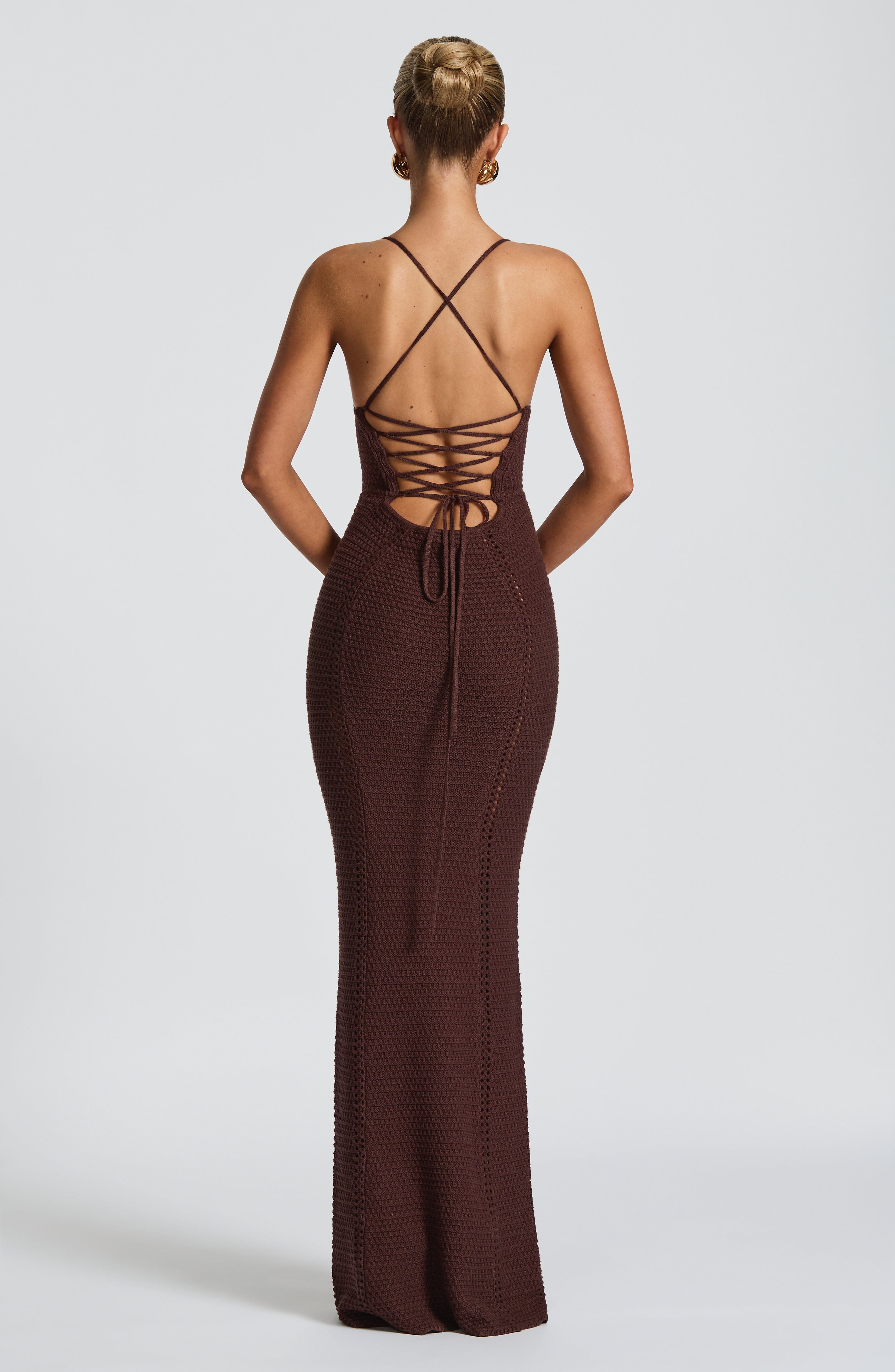 Xanthe Plum Brown Crochet Knit Maxi Dress with Lace Up Back