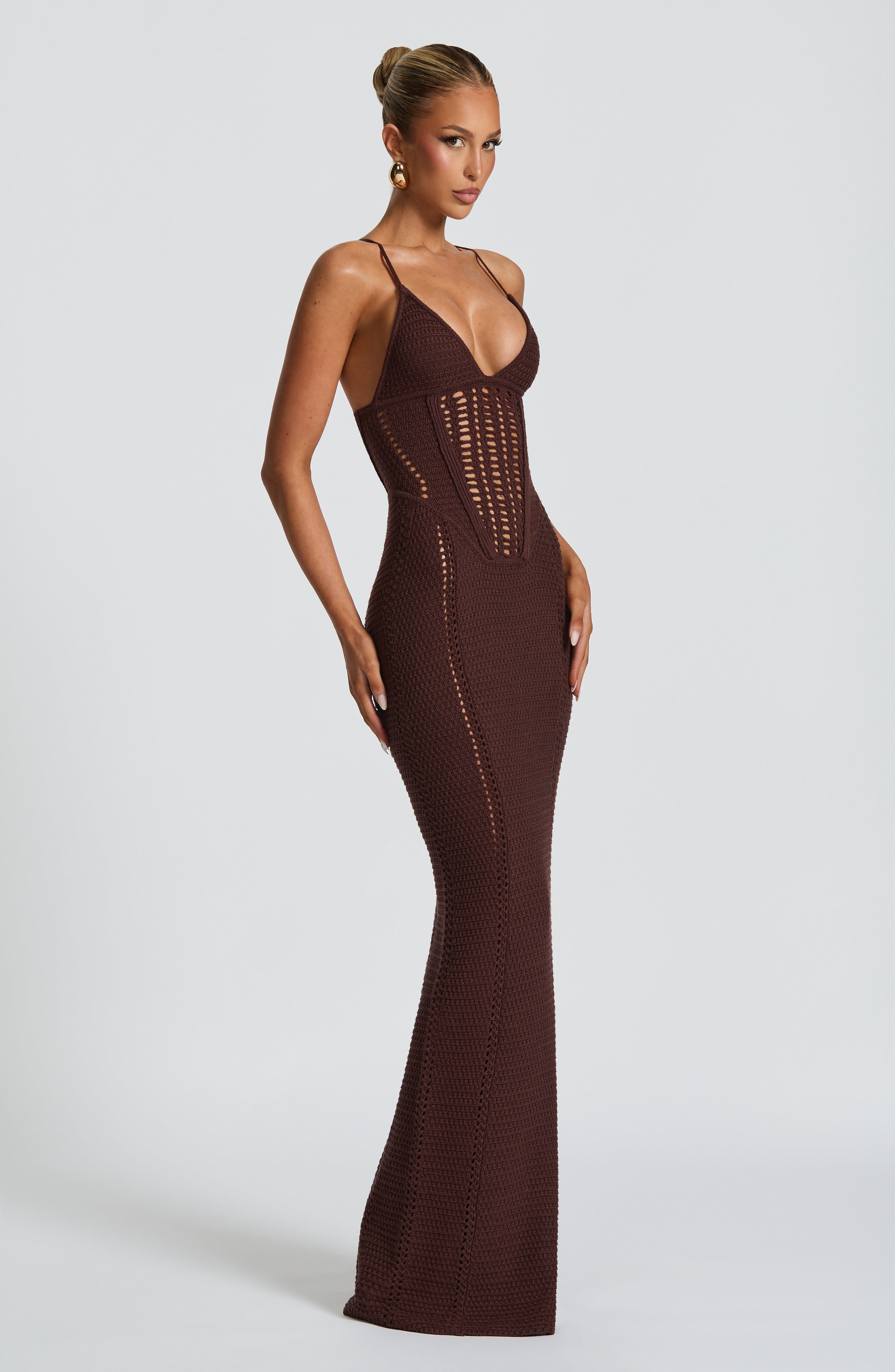 Xanthe Plum Brown Crochet Knit Maxi Dress with Lace Up Back