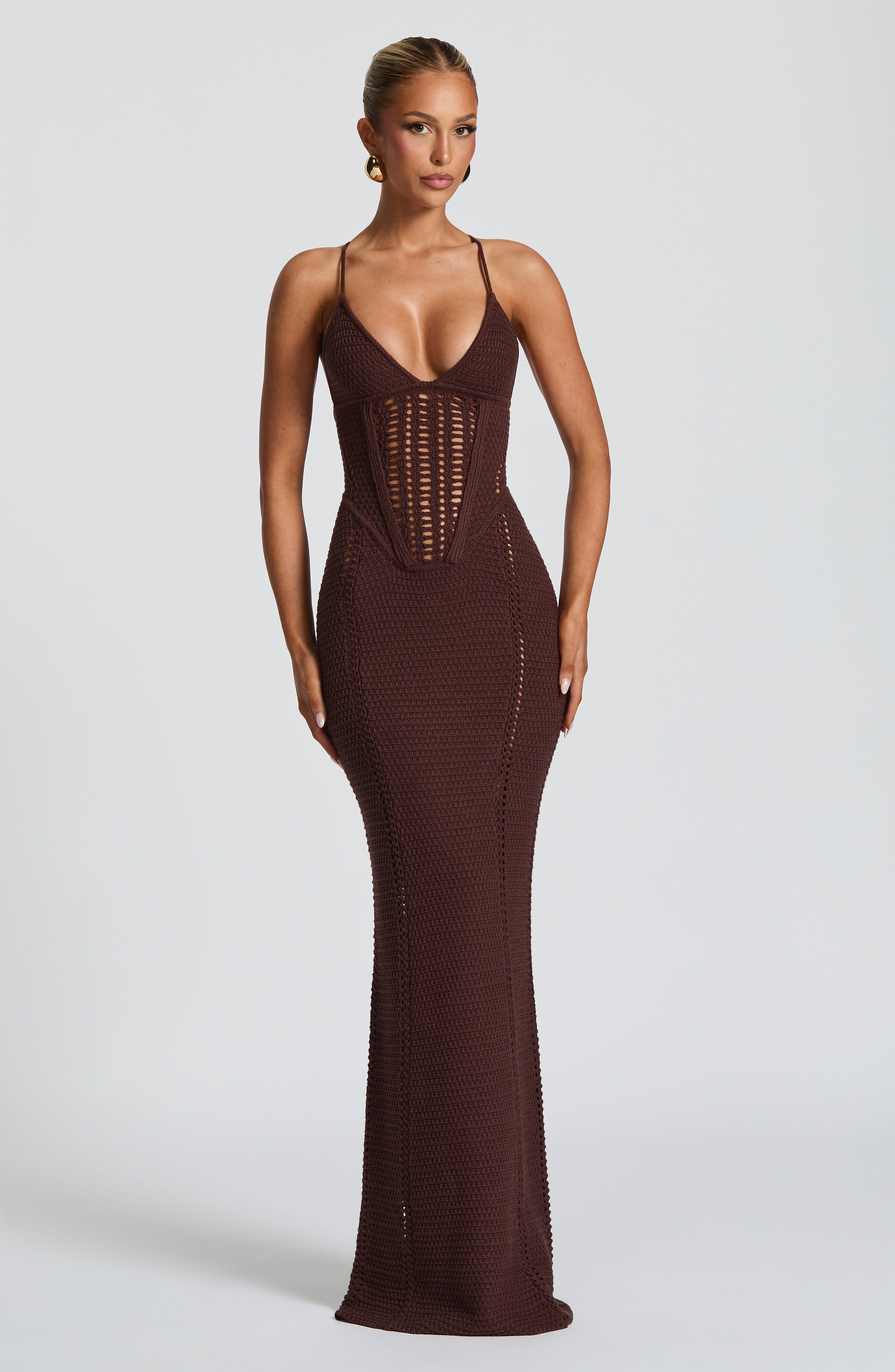 Xanthe Plum Brown Crochet Knit Maxi Dress with Lace Up Back