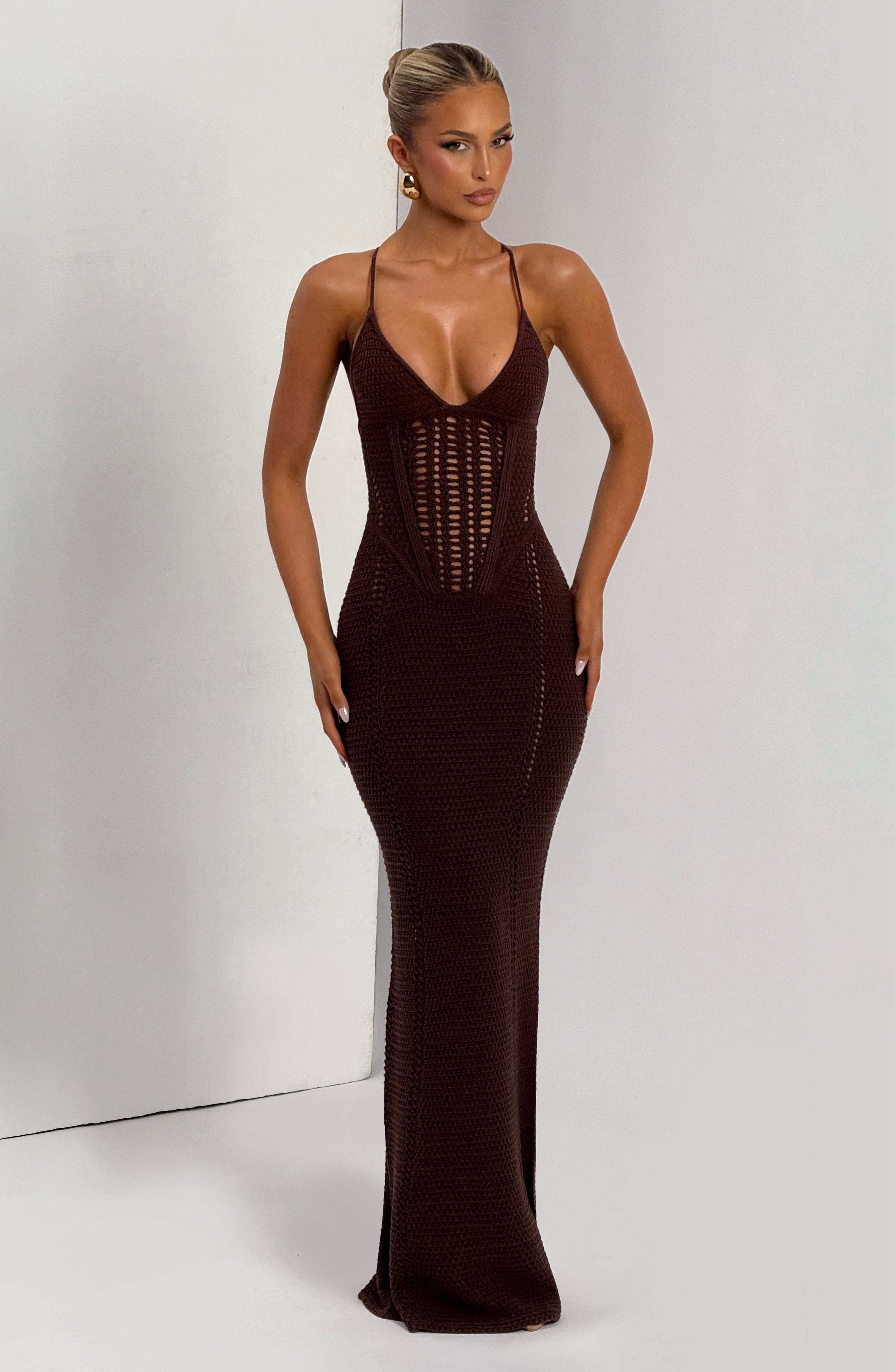 Xanthe Plum Brown Crochet Knit Maxi Dress with Lace Up Back