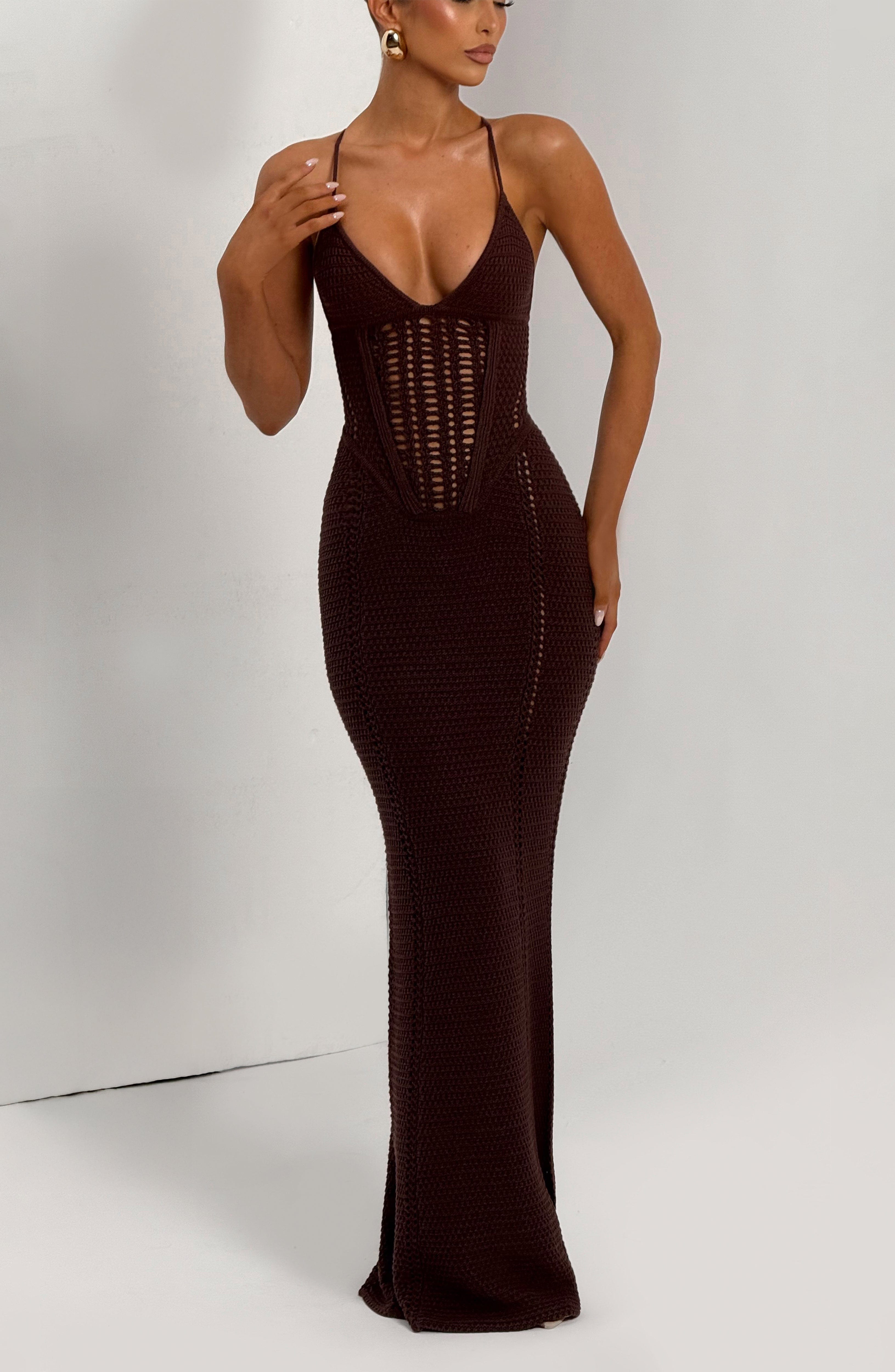 Xanthe Plum Brown Crochet Knit Maxi Dress with Lace Up Back