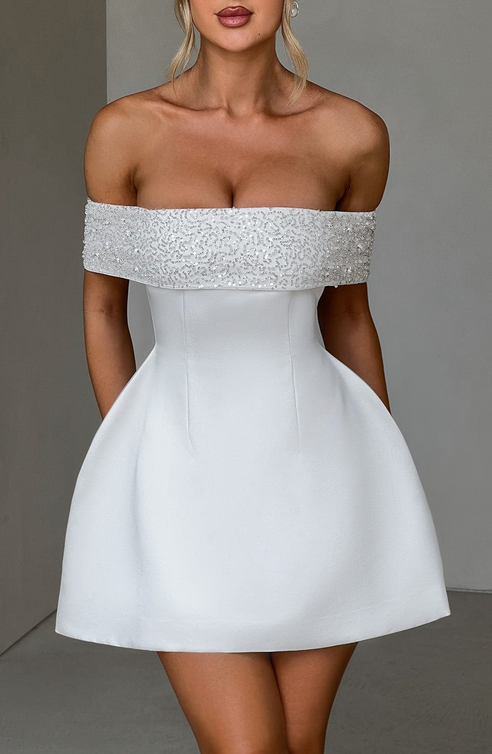 Noelle Ivory Satin Mini Dress with Beaded Bardot Neckline