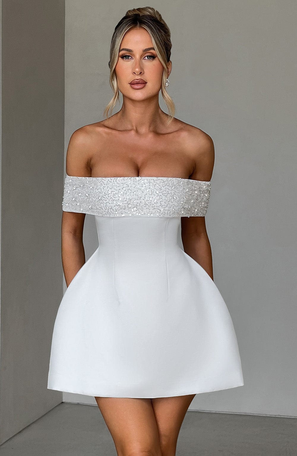 Noelle Ivory Satin Mini Dress with Beaded Bardot Neckline