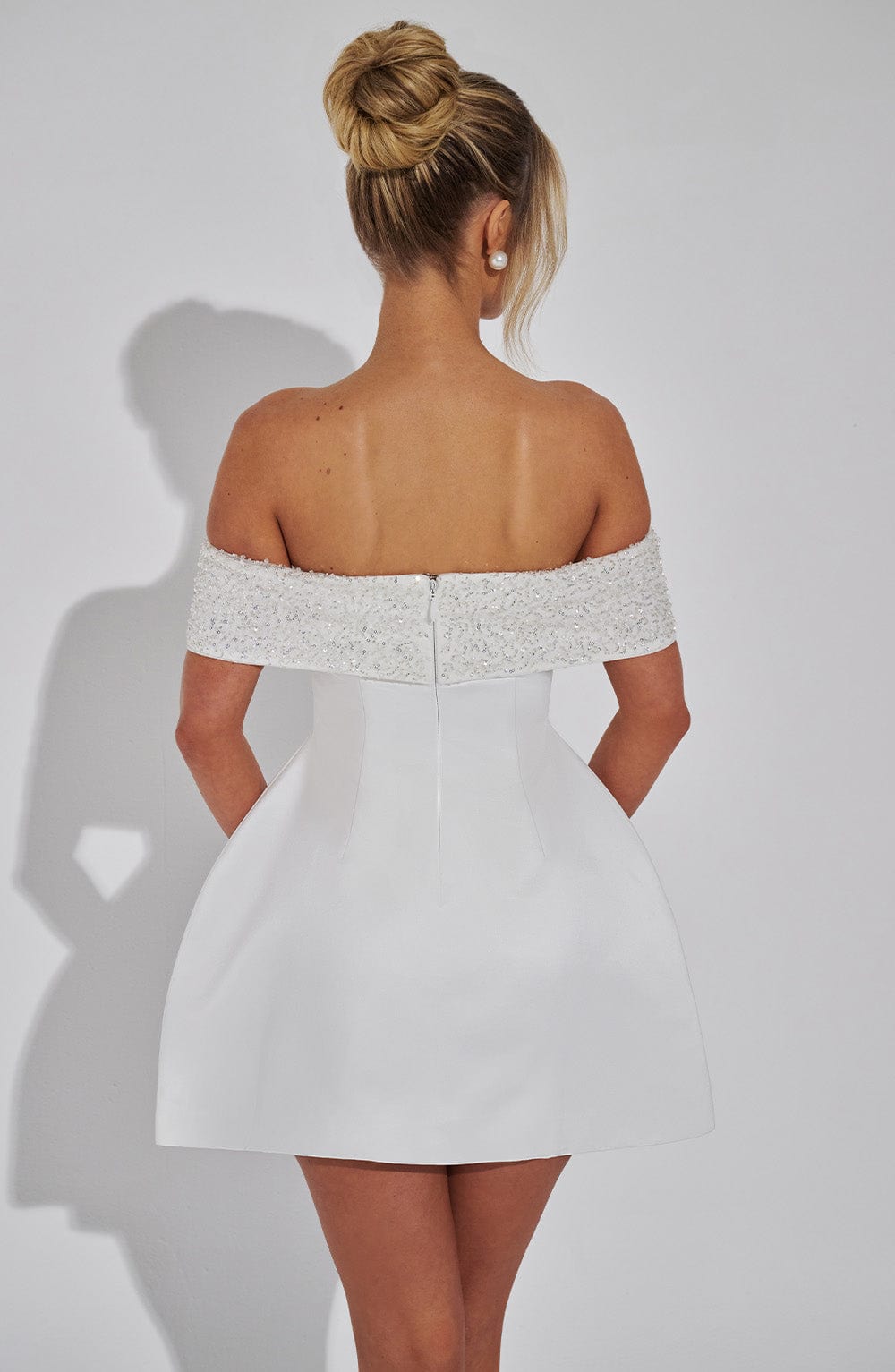 Noelle Ivory Satin Mini Dress with Beaded Bardot Neckline