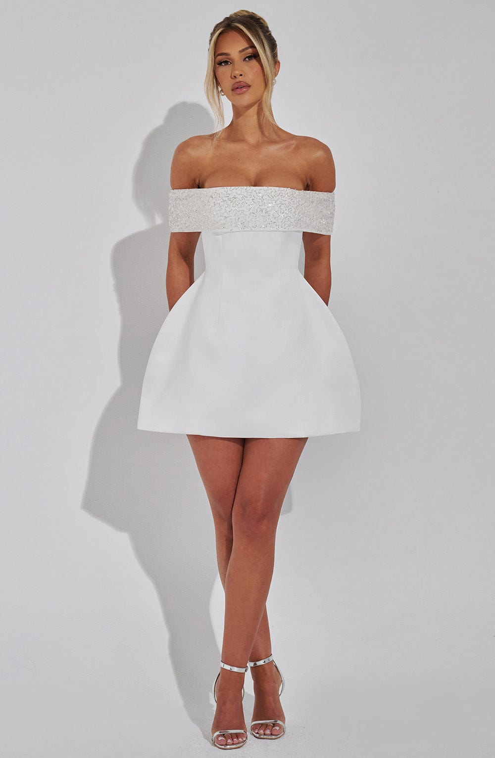 Noelle Ivory Satin Mini Dress with Beaded Bardot Neckline