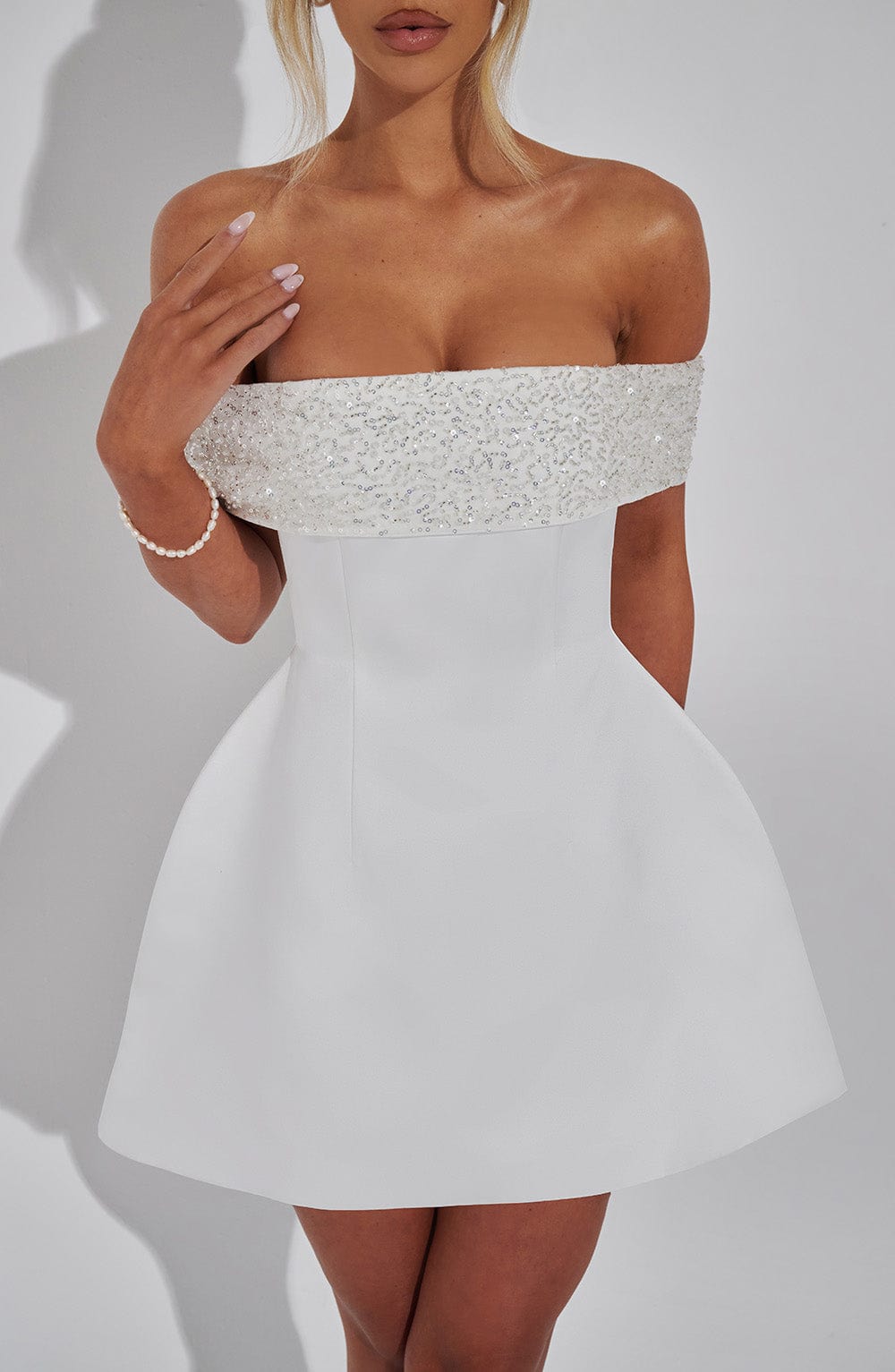 Noelle Ivory Satin Mini Dress with Beaded Bardot Neckline
