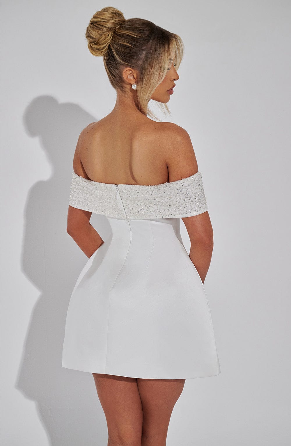 Noelle Ivory Satin Mini Dress with Beaded Bardot Neckline