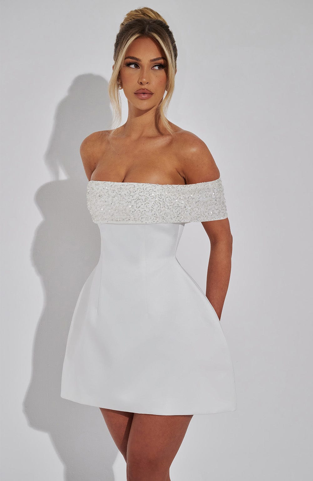 Noelle Ivory Satin Mini Dress with Beaded Bardot Neckline