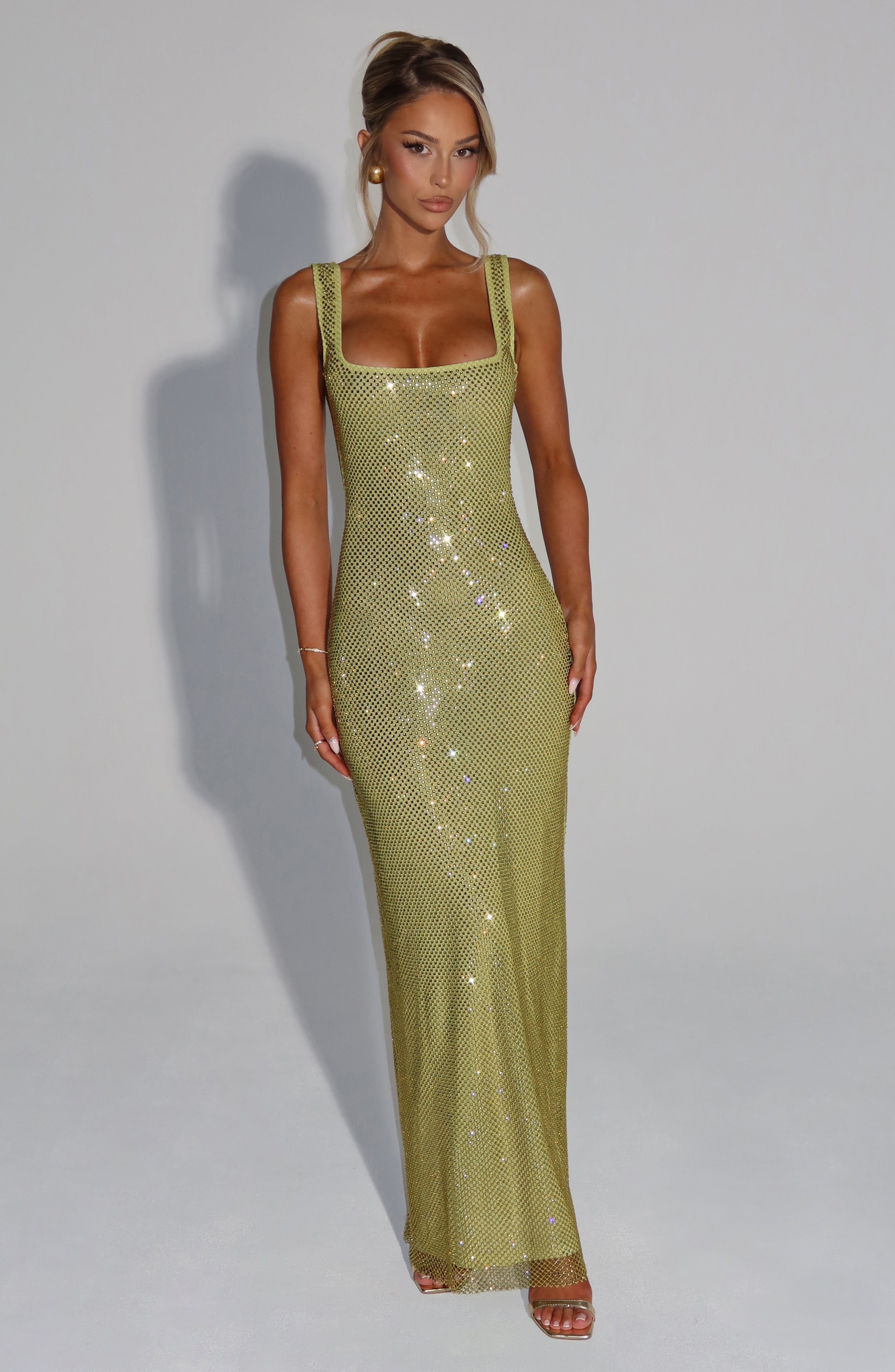 Petra Rhinestone Embellished Olive Maxi Dress
