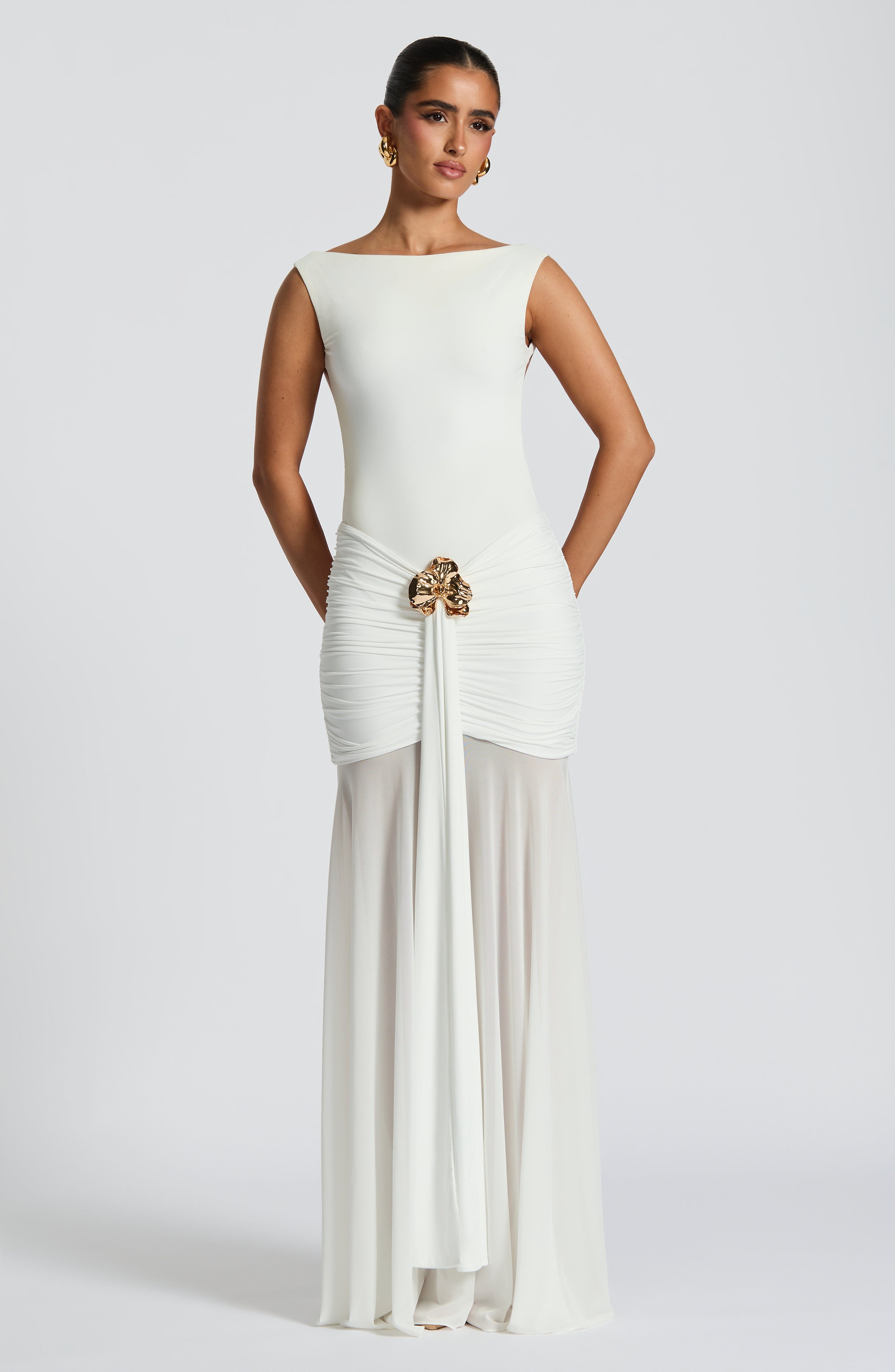 Fae White Maxi Skirt with Sheer Mesh & Removable Brooch