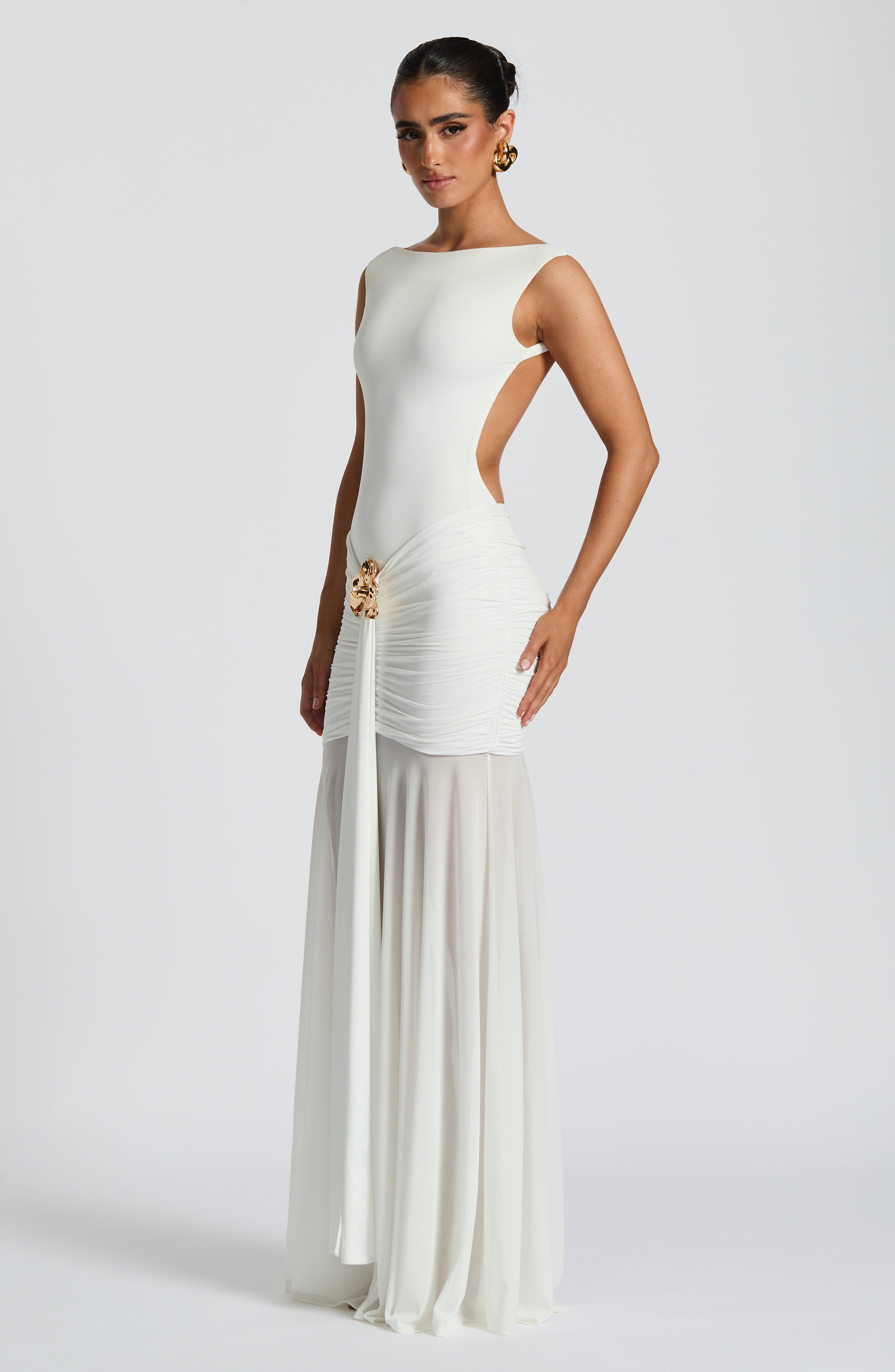 Fae White Maxi Skirt with Sheer Mesh & Removable Brooch