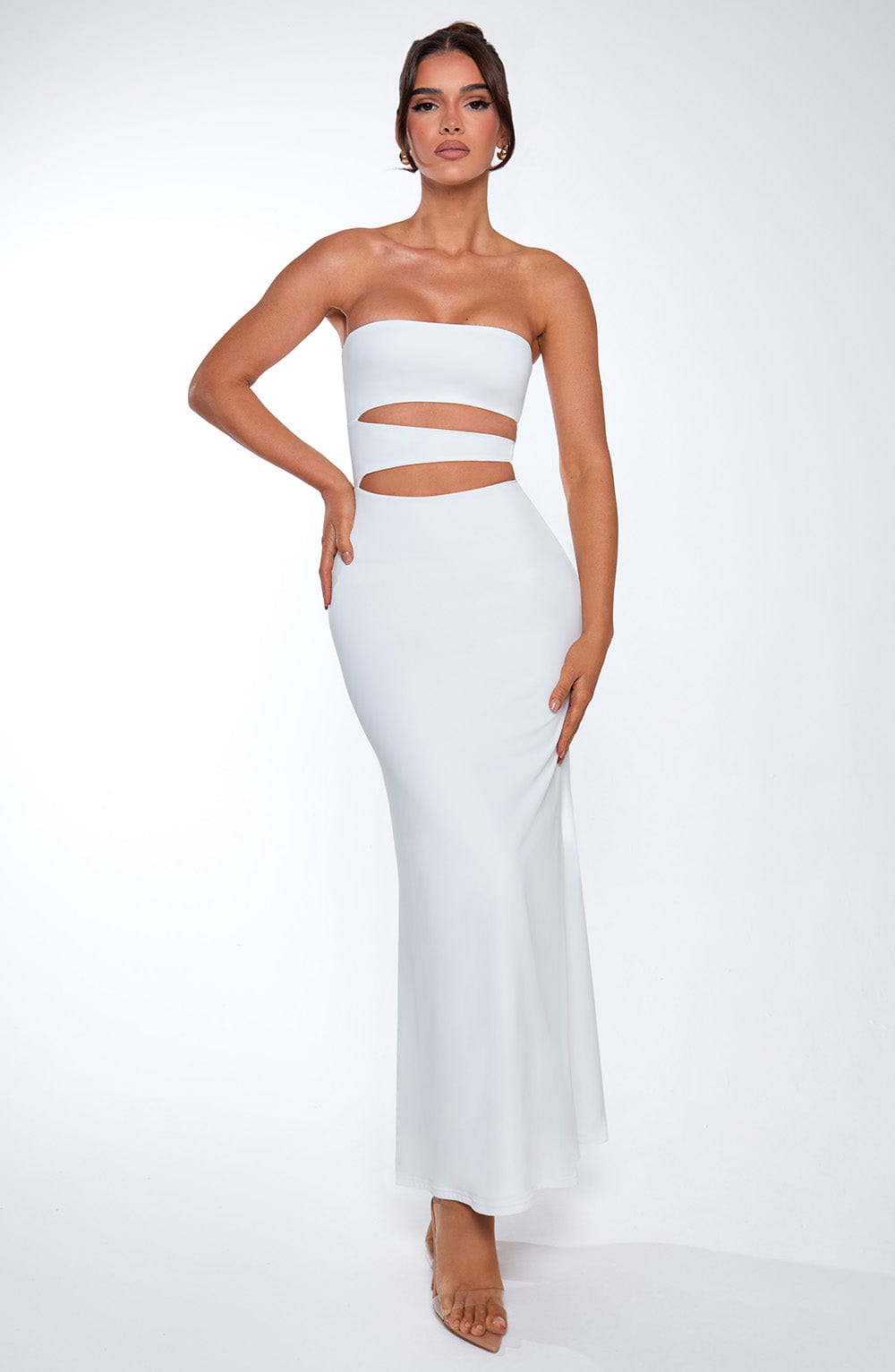 White Strapless Maxi Dress with Slash Cut Outs - Milia