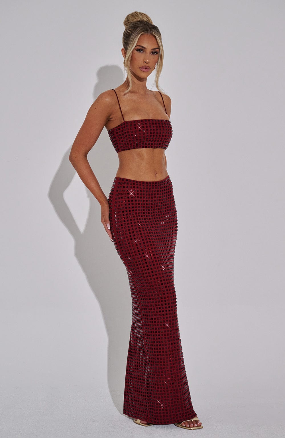 Wine Rhinestone Maxi Skirt - Stretch Mesh & Lined