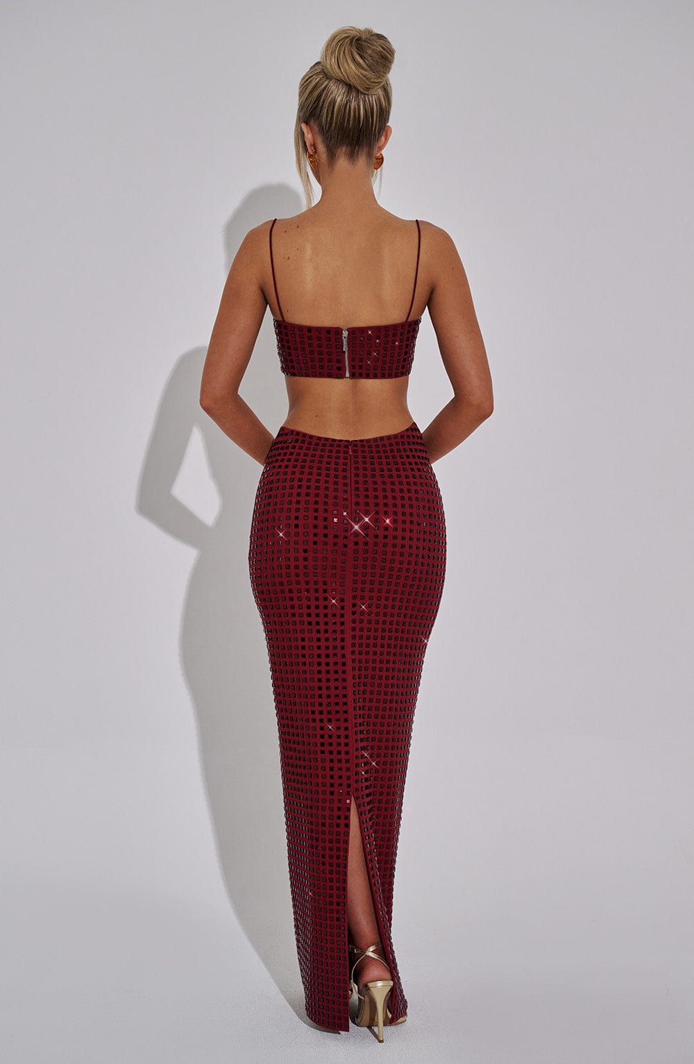 Wine Rhinestone Maxi Skirt - Stretch Mesh & Lined