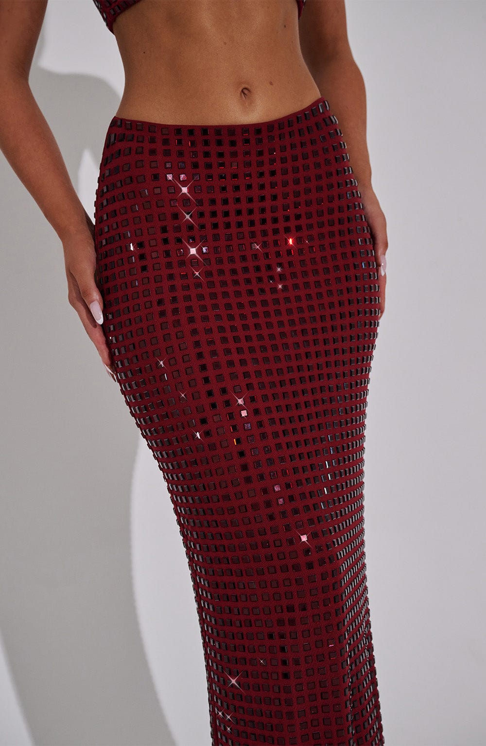 Wine Rhinestone Maxi Skirt - Stretch Mesh & Lined