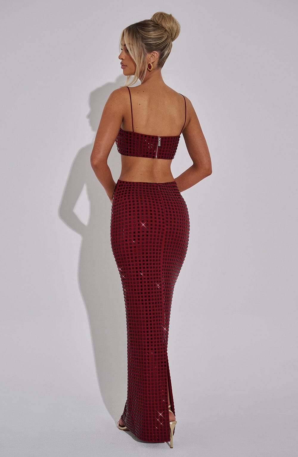Wine Rhinestone Maxi Skirt - Stretch Mesh & Lined