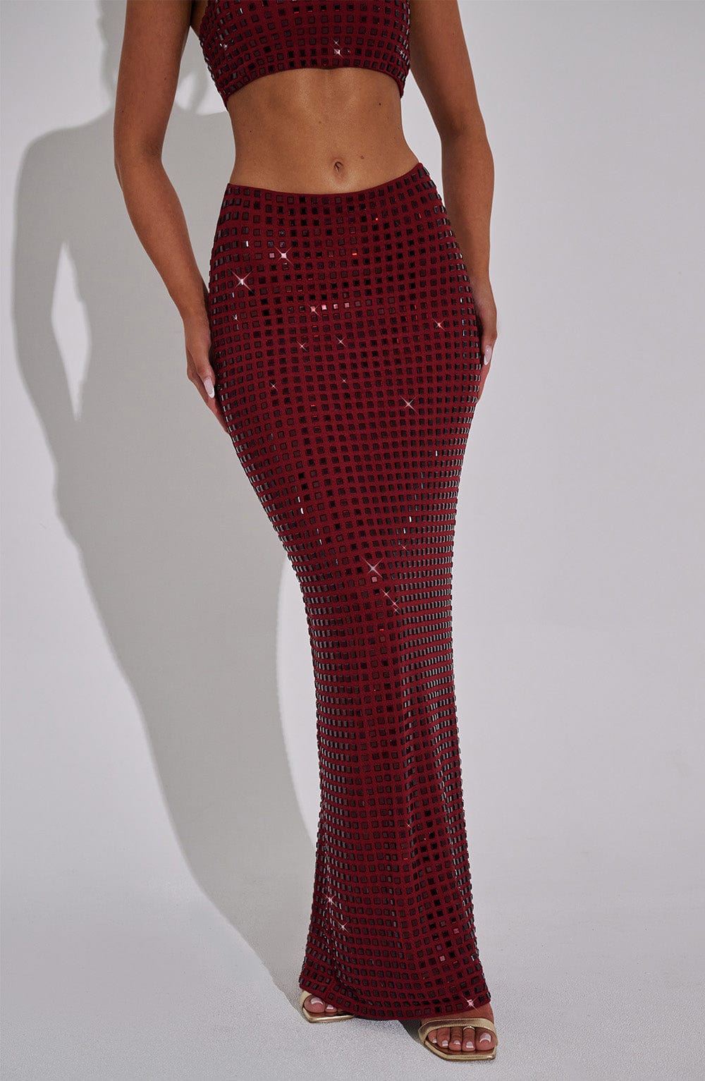 Wine Rhinestone Maxi Skirt - Stretch Mesh & Lined