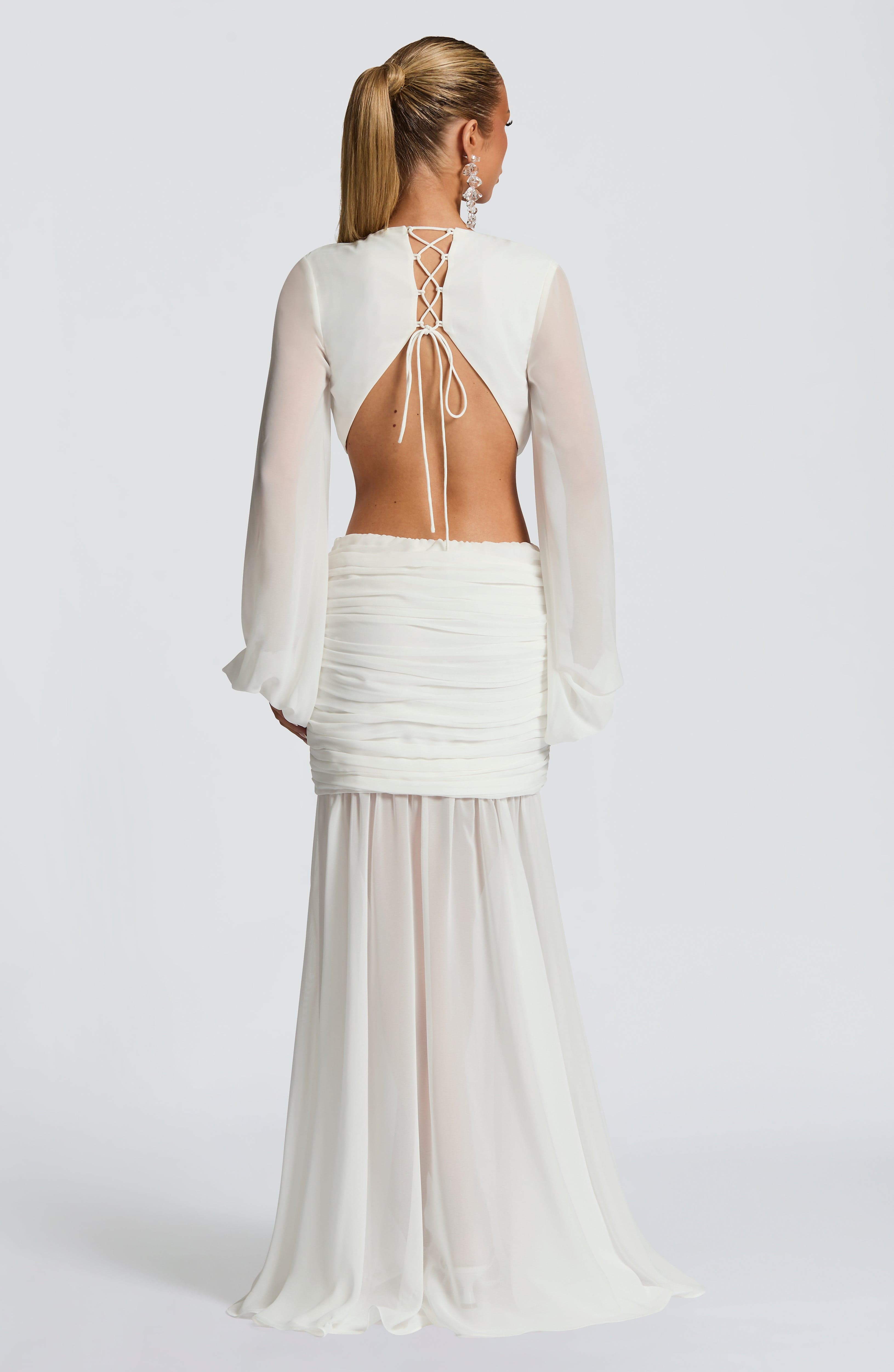 Andrina Ivory Chiffon Maxi Dress with Lace-Up Back